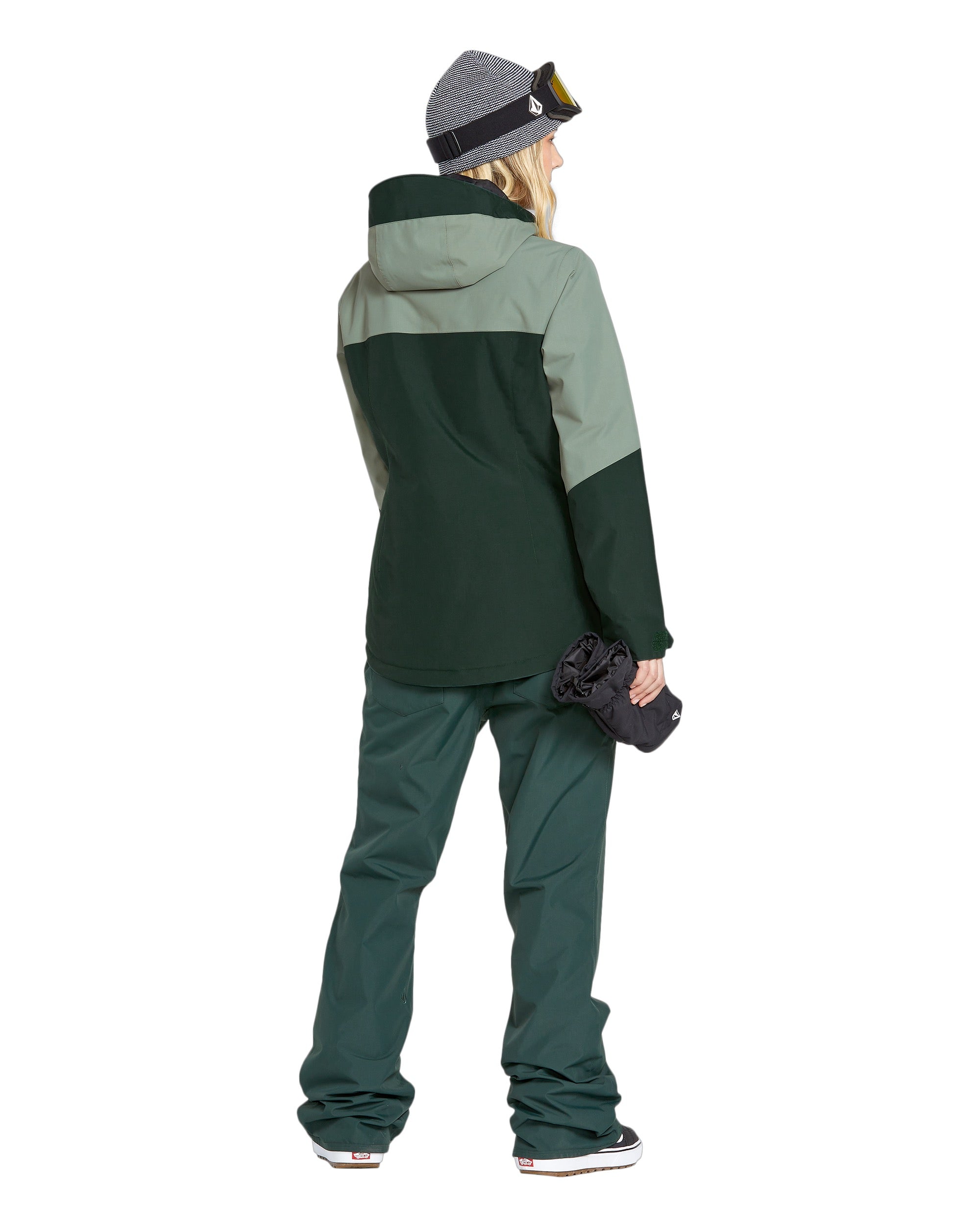 Volcom Women's Bolt Ins Jacket 2025 - A dark green jacket with a lighter green stripe across the chest and hood.