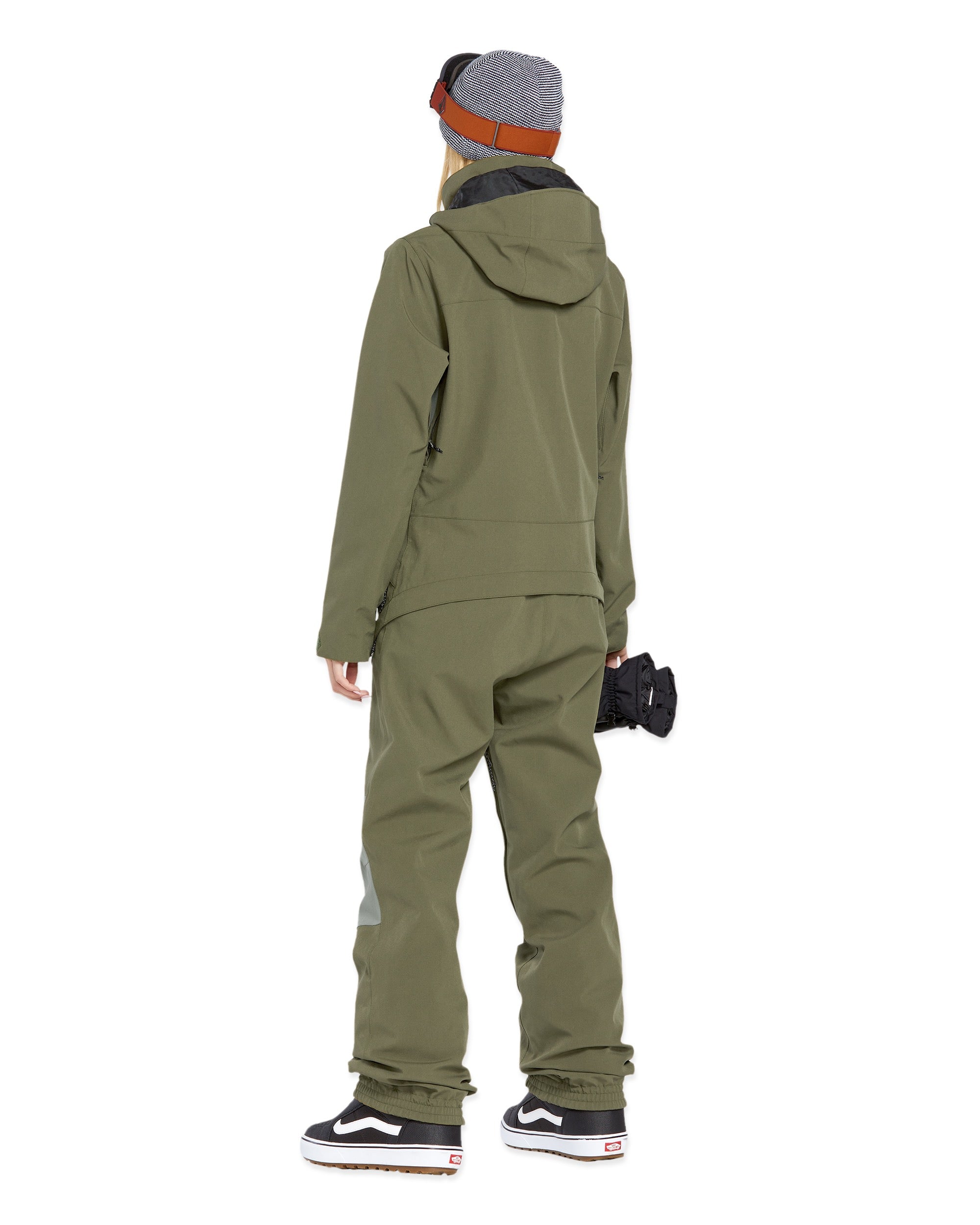 Volcom Women's Shiloh Snow Suit 2025 - Olive green snowsuit with black zipper and gray accents on the side of the leg.