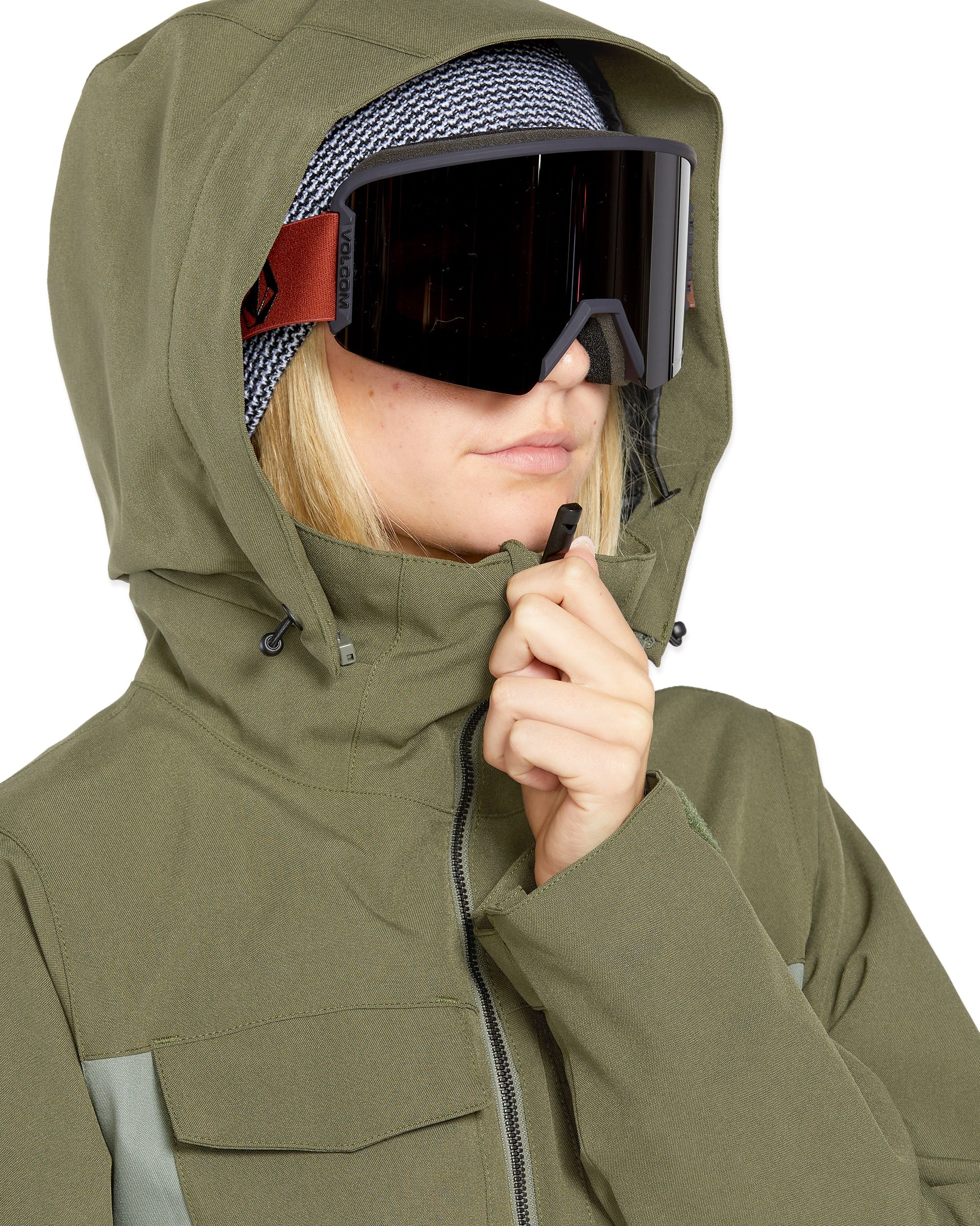 Volcom Women's Shiloh Snow Suit 2025 - Olive green snowsuit with a zip-up front and two chest pockets.