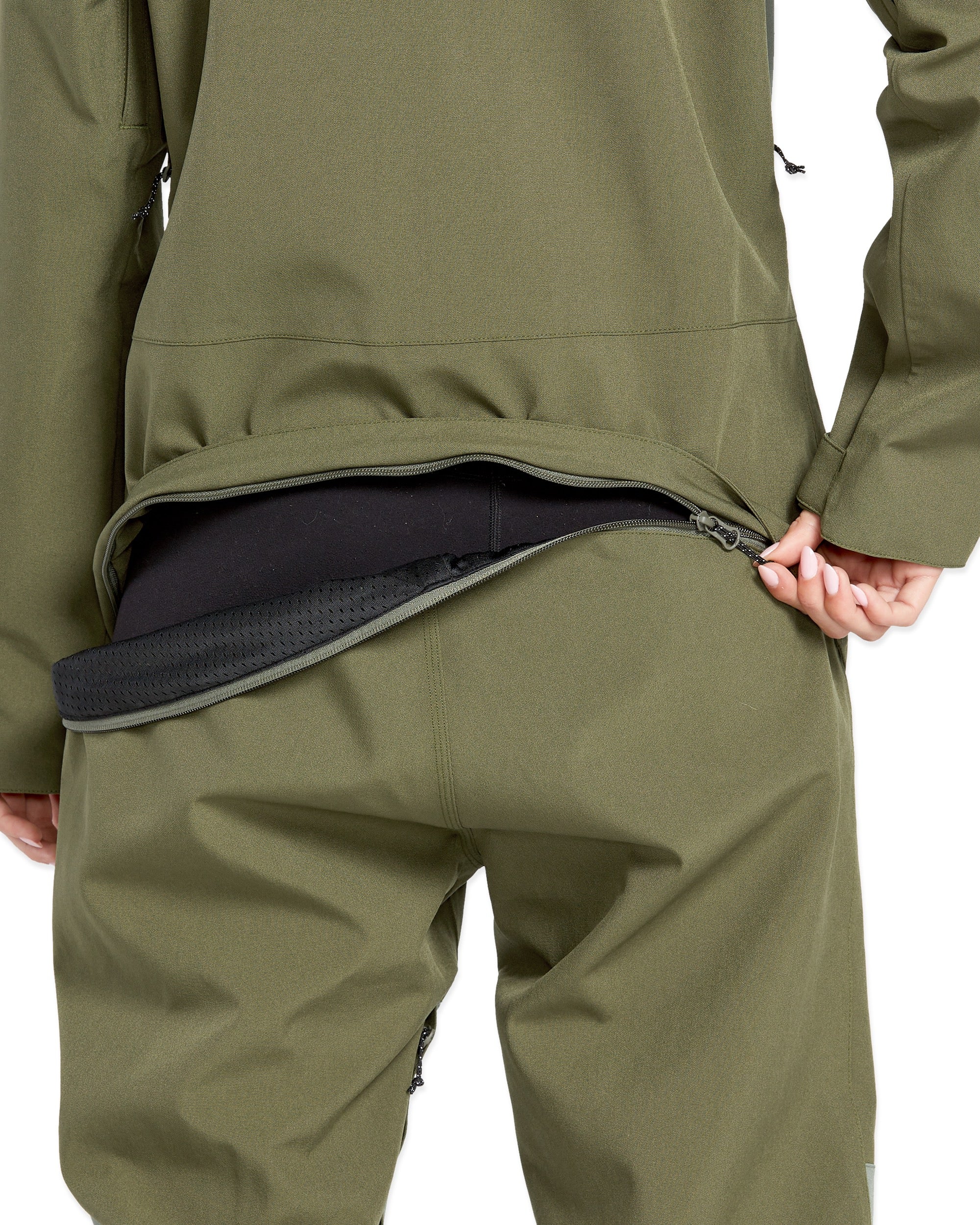 Volcom Women's Shiloh Snow Suit 2025 - Olive green snowsuit with black zipper and logo on left chest.