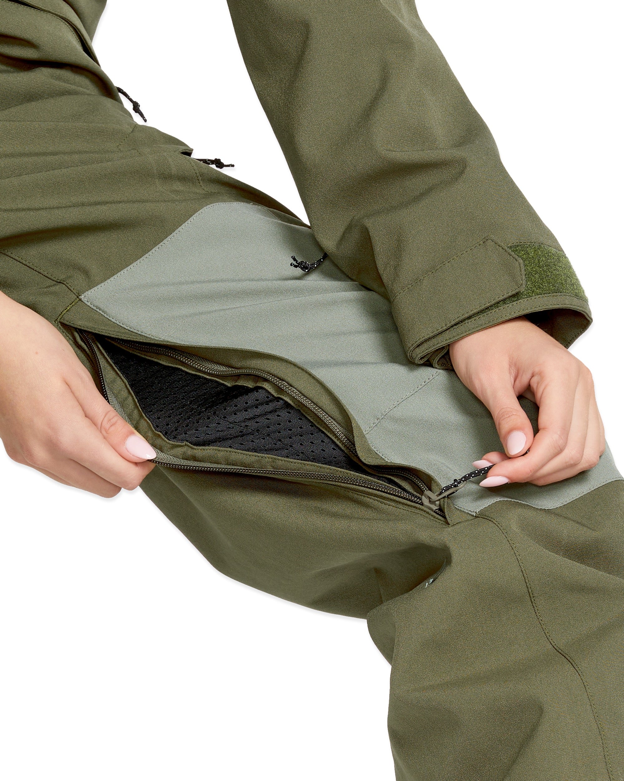 Volcom Women's Shiloh Snow Suit 2025 - Olive green snowsuit with black zipper and logo on left chest.