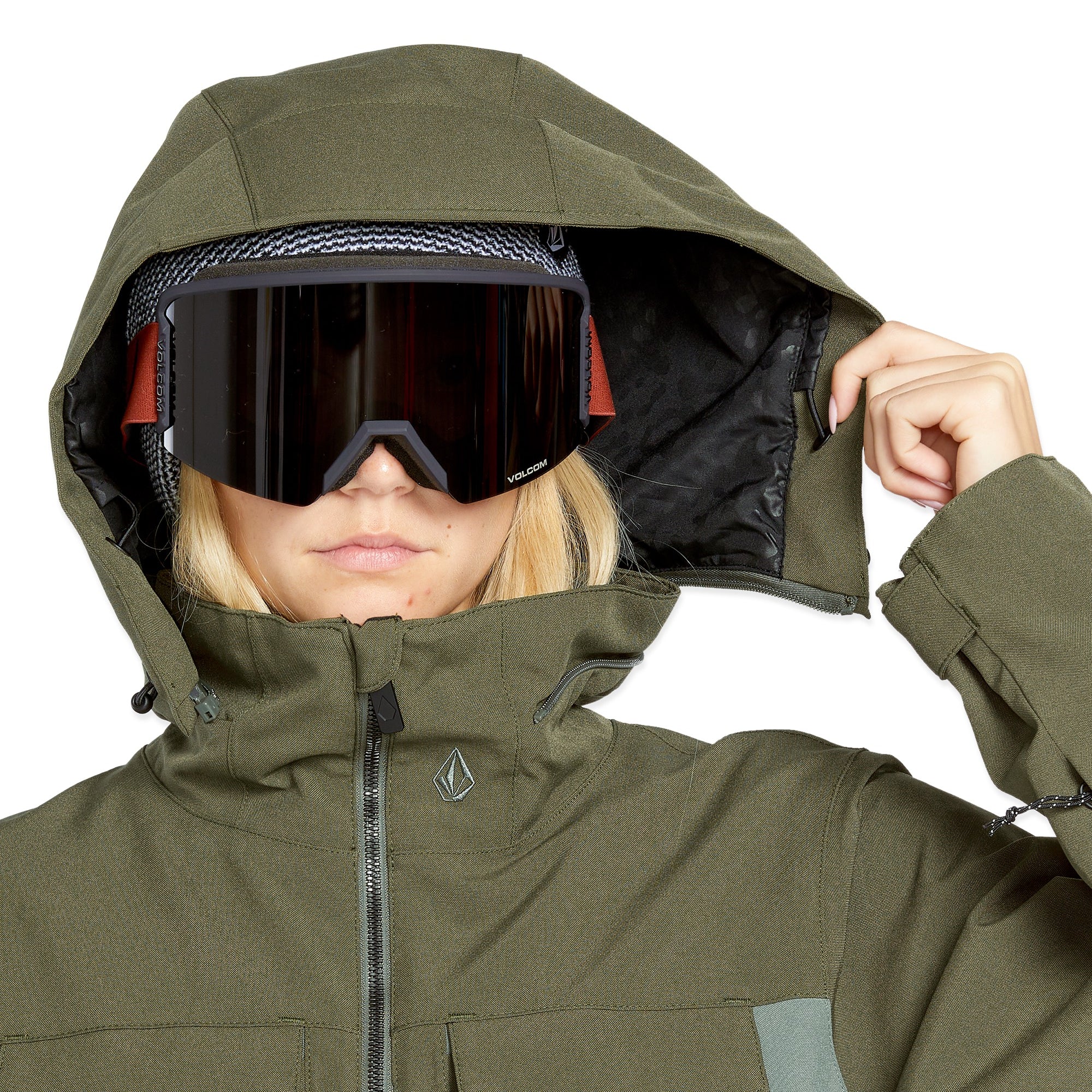 Volcom Women's Shiloh Snow Suit 2025 - Olive green snowsuit with a hood and two zippered pockets on the front.