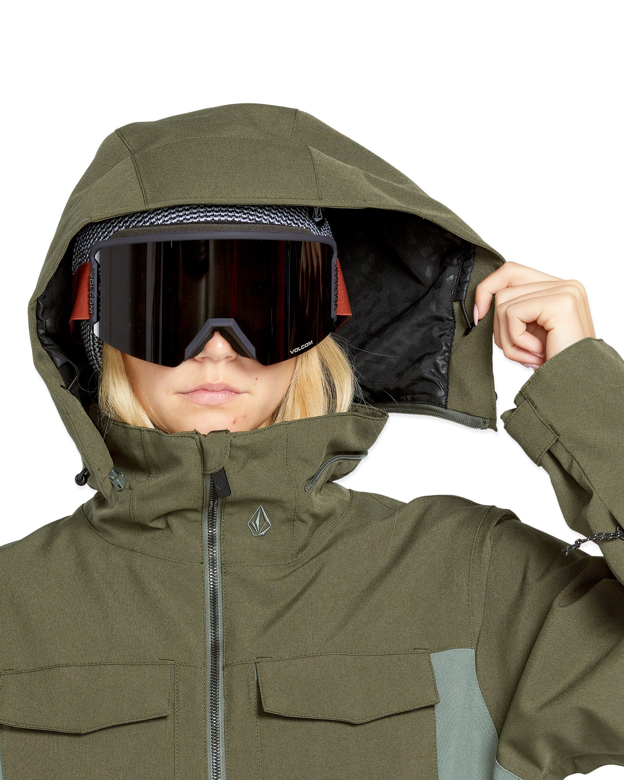 Volcom Women's Shiloh Snow Suit 2025 - Olive green snowsuit with a hood and two zippered pockets on the front.