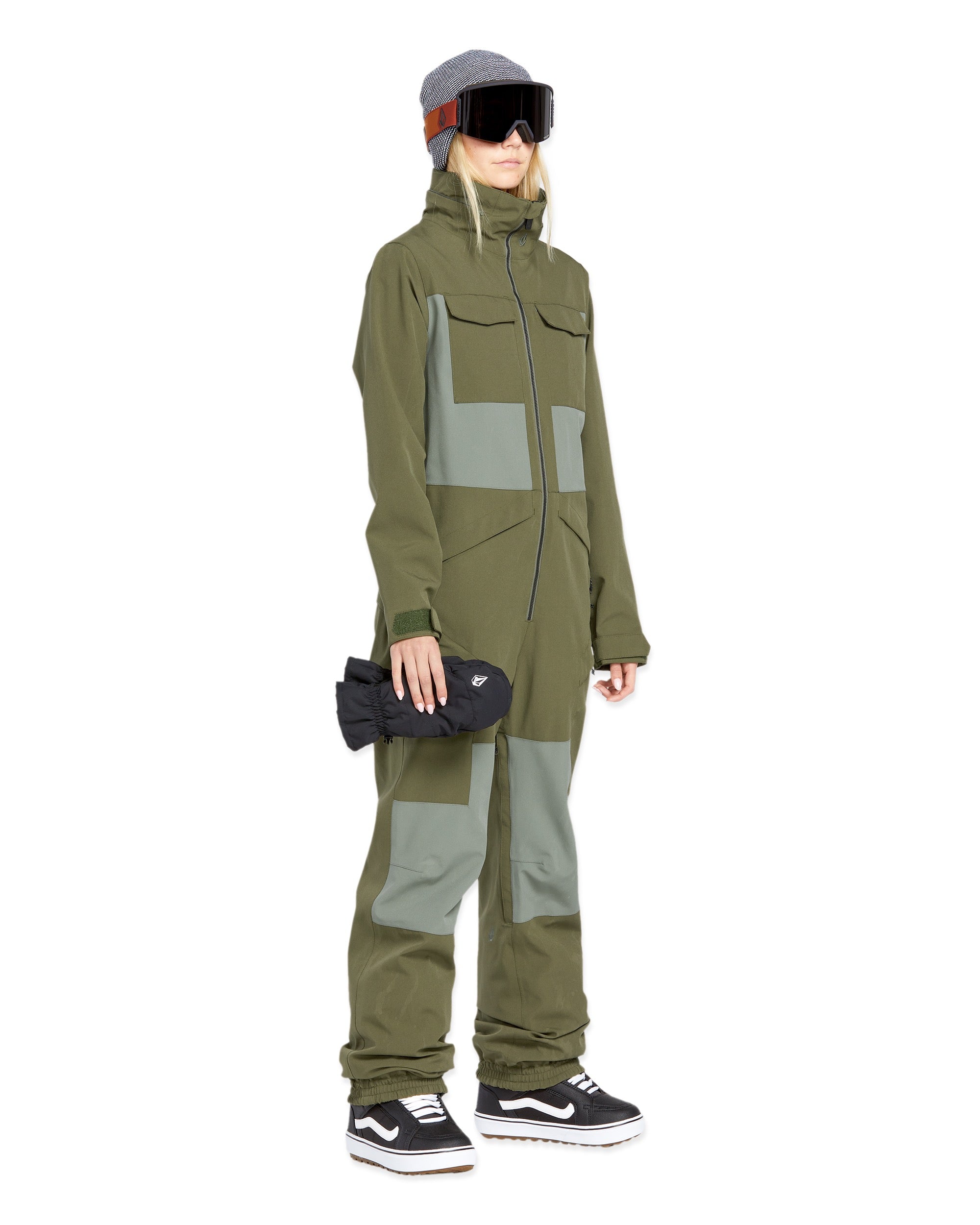 Volcom Women's Shiloh Snow Suit 2025 - Olive green snowsuit with gray accents and a high collar.