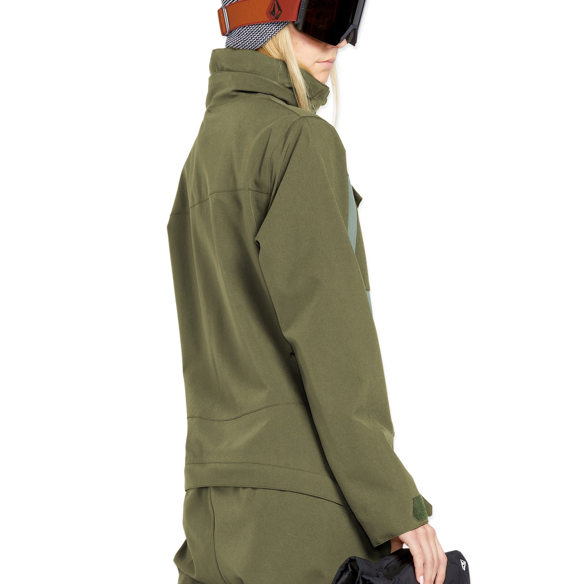 Volcom Women's Shiloh Snow Suit 2025 - Olive green snowsuit with a high collar and zippered pockets on the chest, arms, and legs.