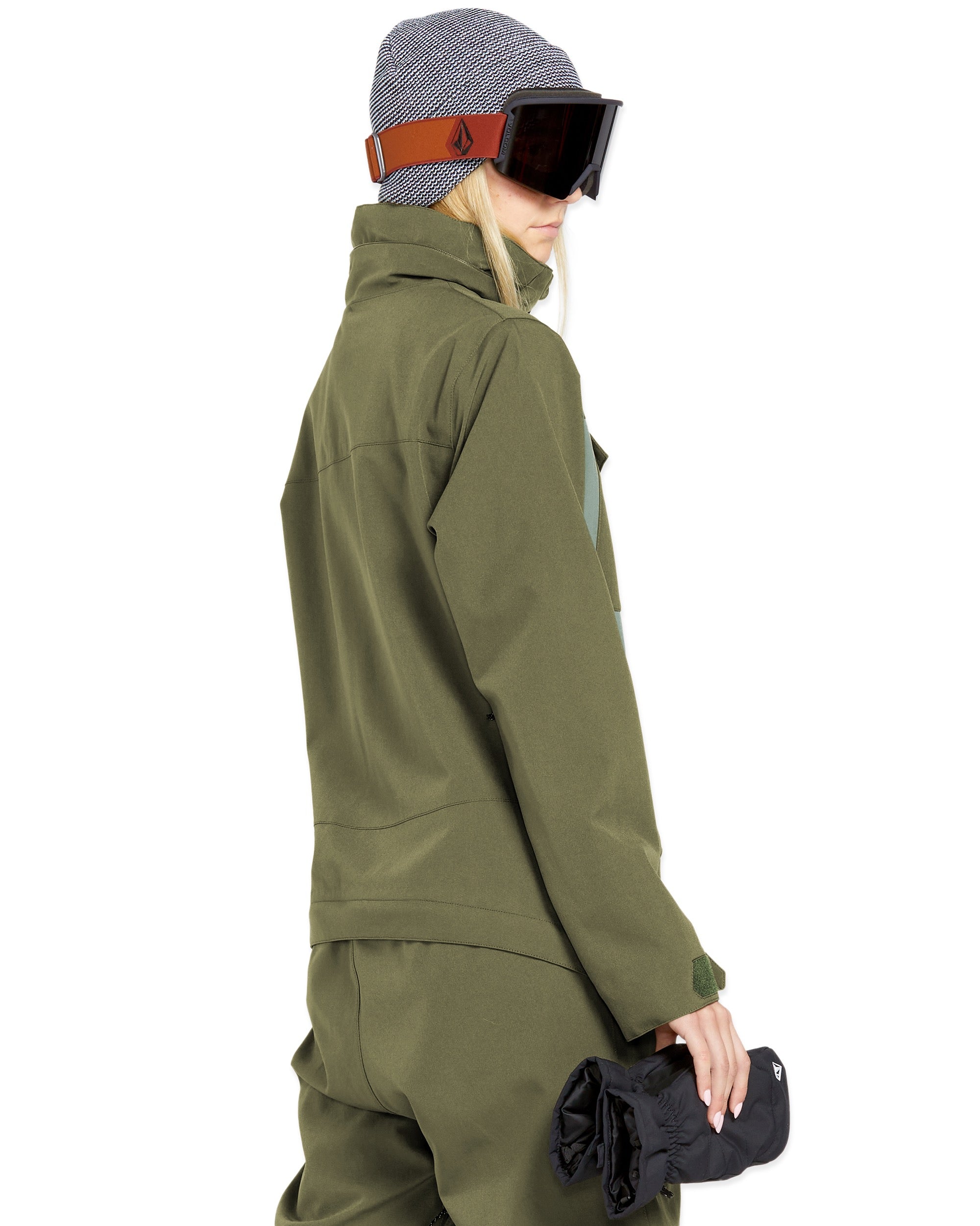 Volcom Women's Shiloh Snow Suit 2025 - Olive green snowsuit with a high collar and zippered pockets on the chest, arms, and legs.