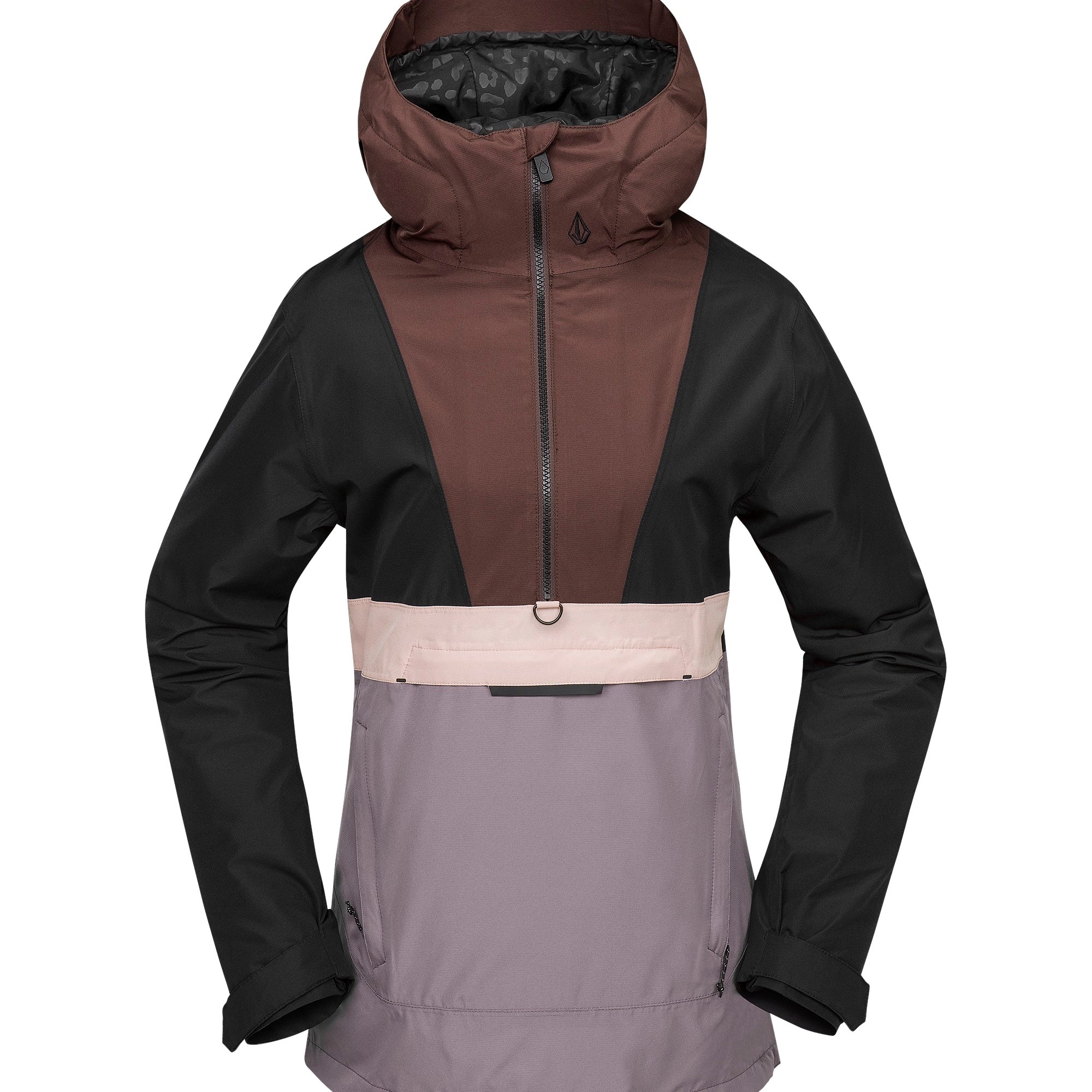 Volcom Women's Ashfield Pullover - A brown, black, and grey pullover with a hood and zipper down the front.