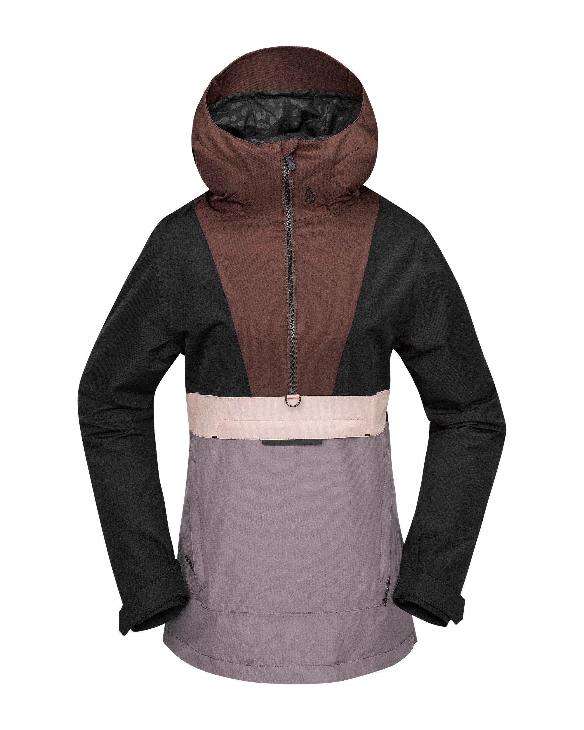 Volcom Women's Ashfield Pullover - A brown, black, and grey pullover with a hood and zipper down the front.