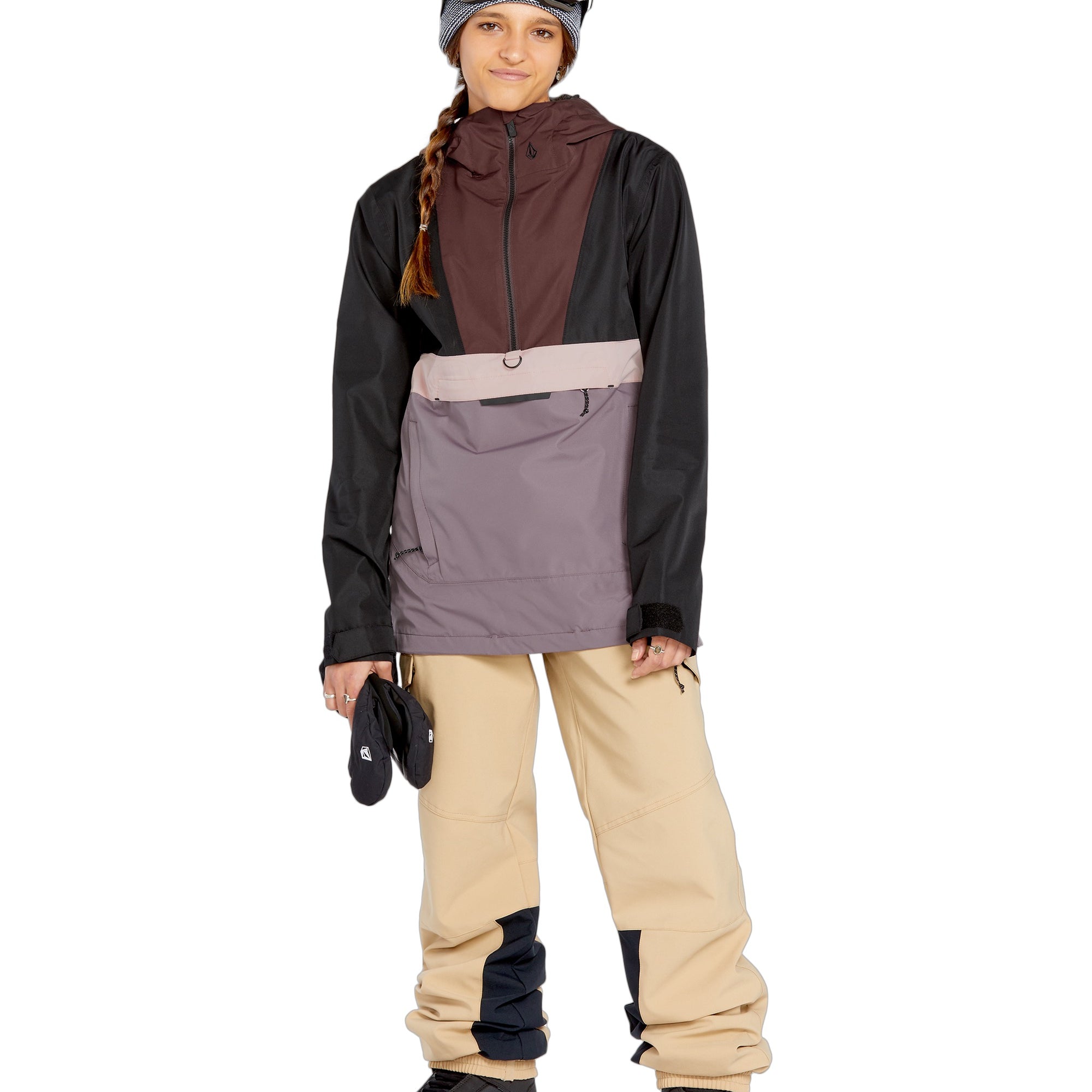 Volcom Women's Ashfield Pullover - A black, brown, and mauve-colored pullover with a hood.