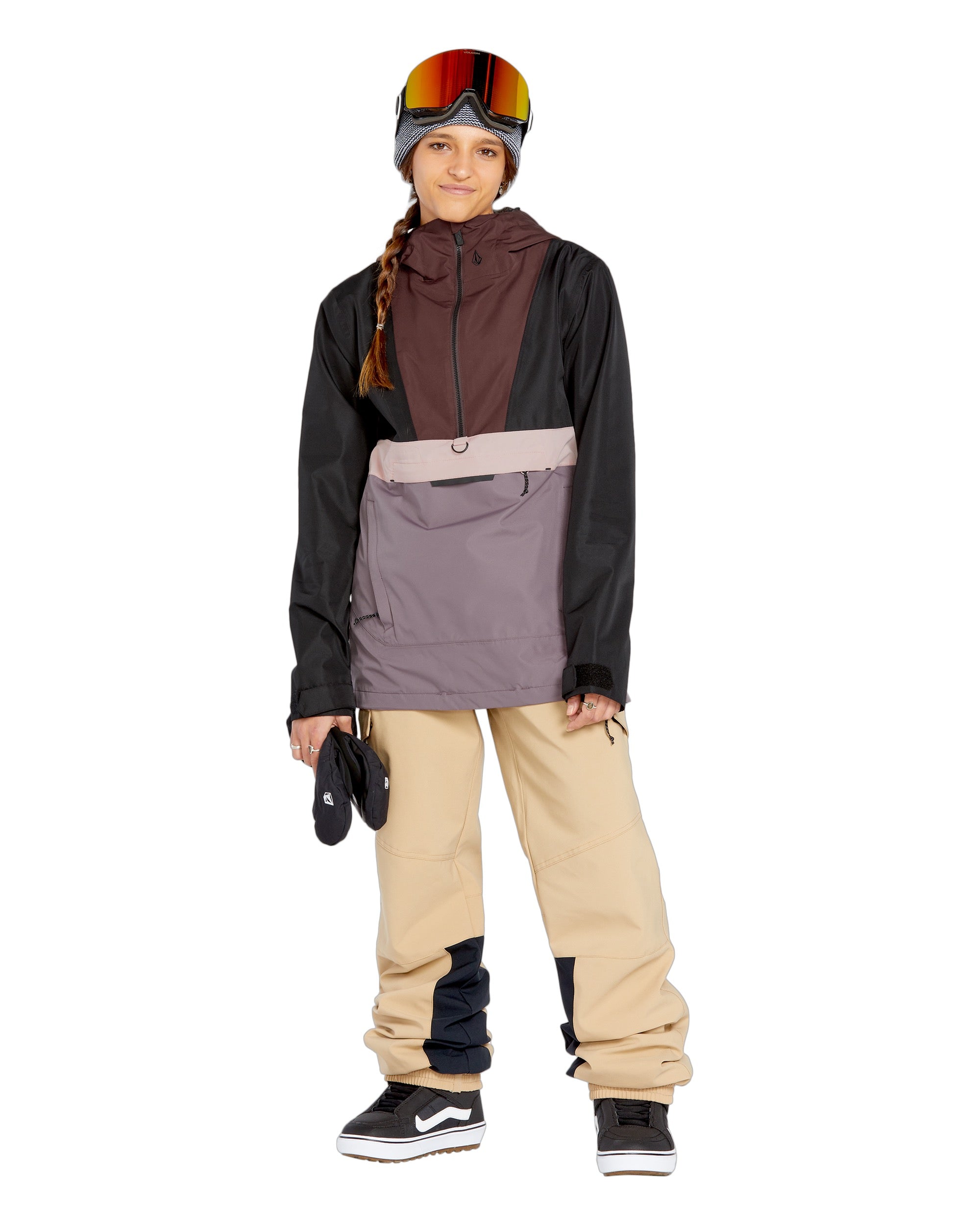 Volcom Women's Ashfield Pullover - A black, brown, and mauve-colored pullover with a hood.