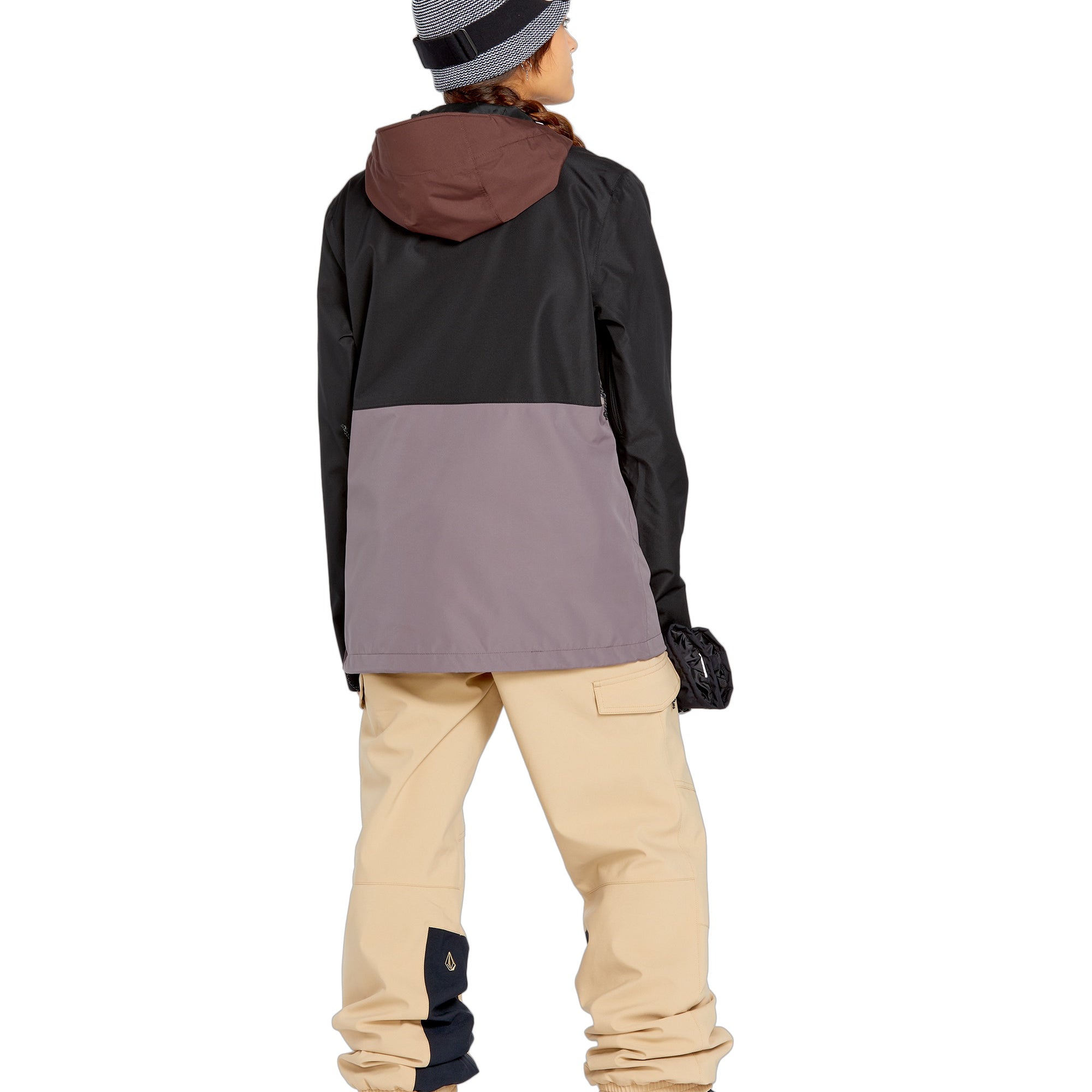Volcom Women's Ashfield Pullover - A black, grey, and brown color-blocked pullover with a hood.