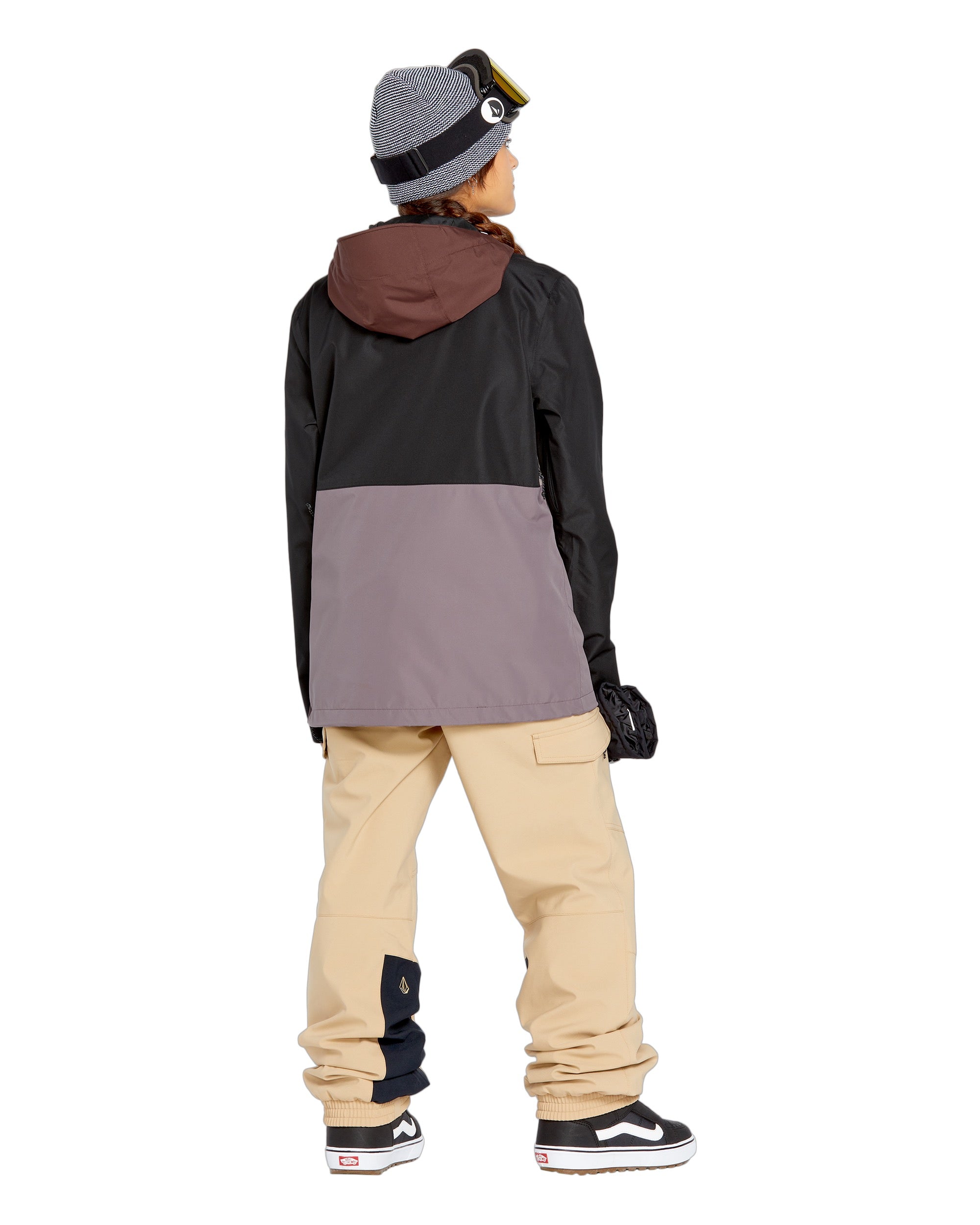Volcom Women's Ashfield Pullover - A black, grey, and brown color-blocked pullover with a hood.