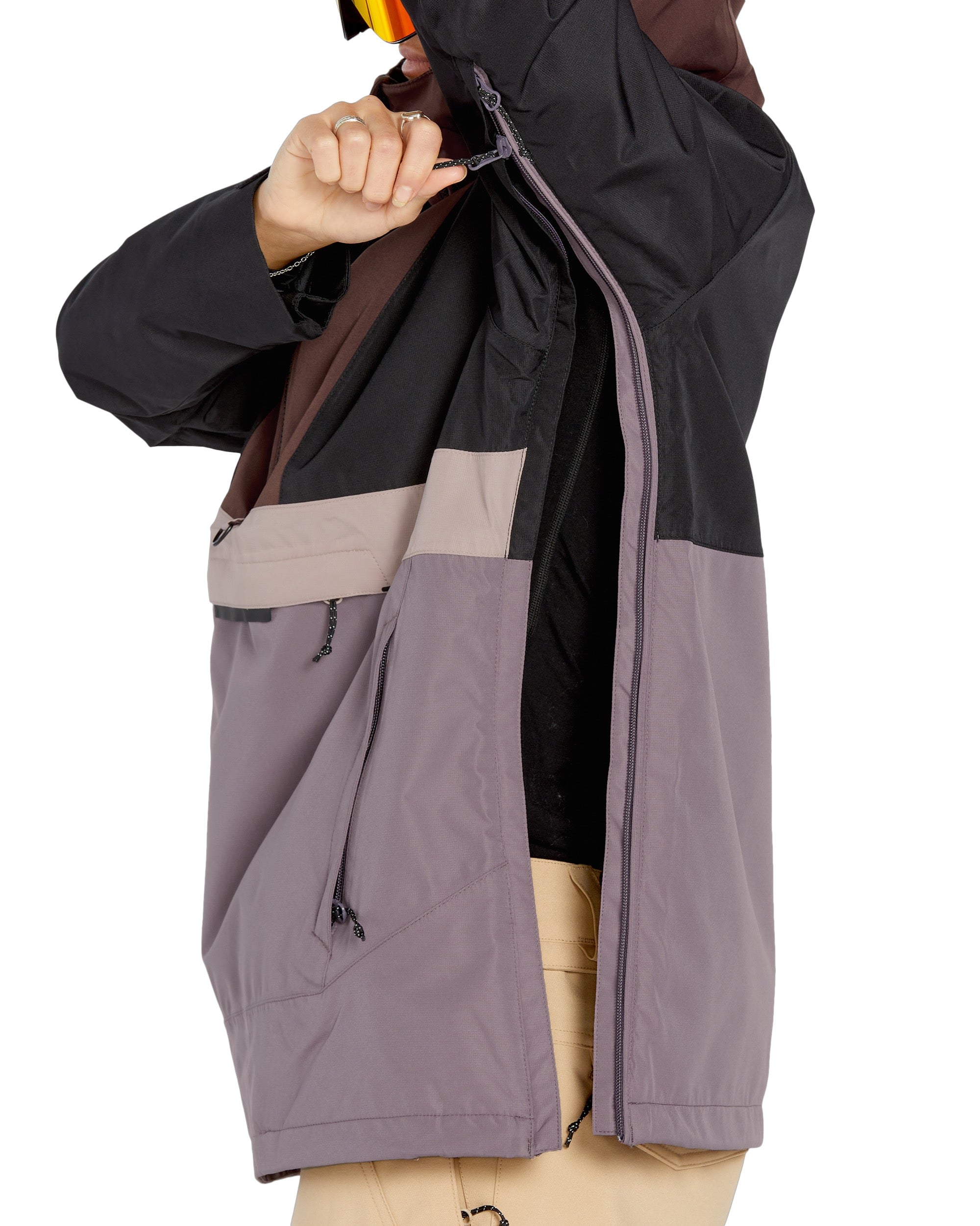 Volcom Women's Ashfield Pullover - A black, brown, and taupe-colored pullover with a hood.