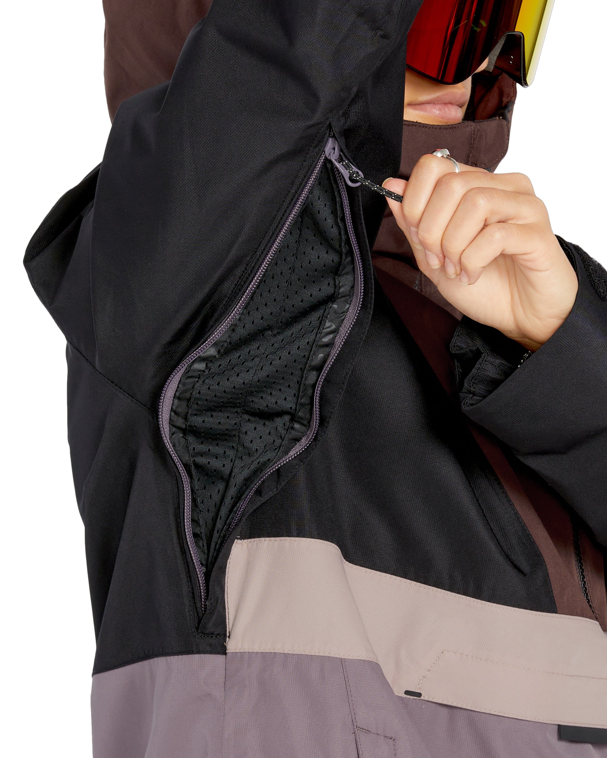 Volcom Women's Ashfield Pullover - A black, zip-up jacket with a hood and two zippered pockets on the front.