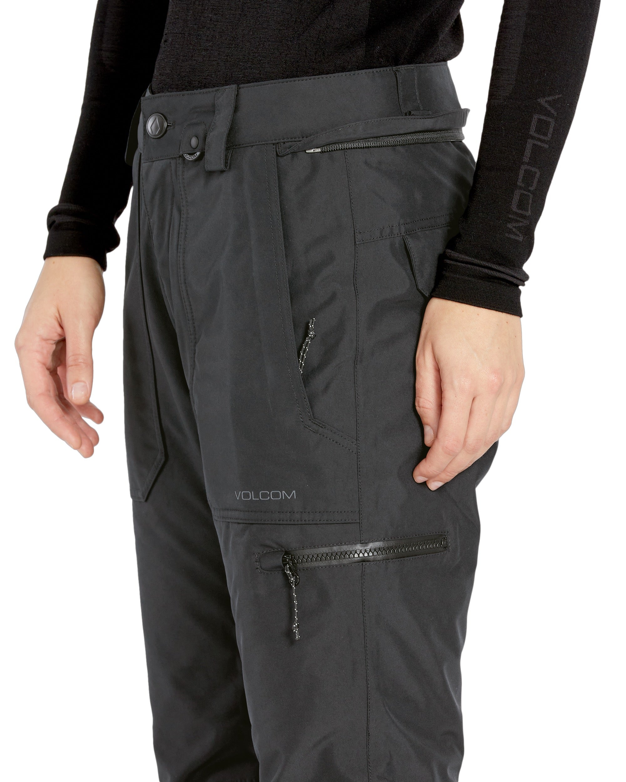 Volcom Women's Knox Insulated GORE-TEX Pant 2025 - A pair of black insulated ski pants with a zippered pocket on the thigh and a belt loop at the waist.