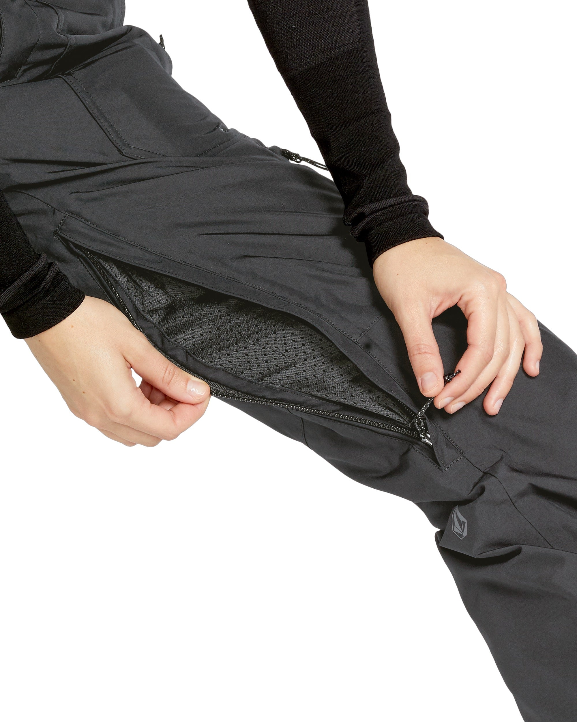 Volcom Women's Knox Insulated GORE-TEX Pant - A pair of black insulated ski pants with a zippered fly and two front pockets.