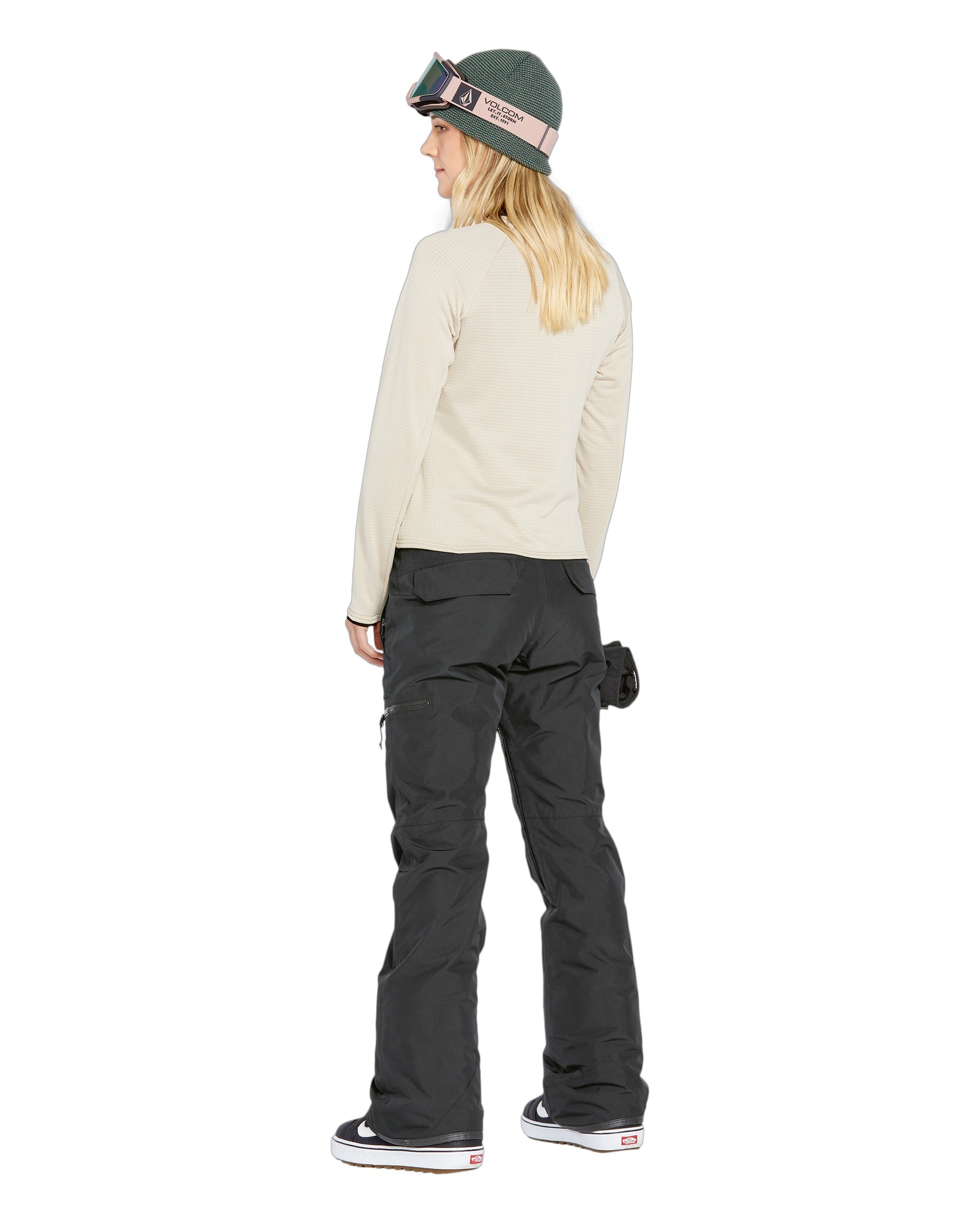 Volcom Women's Knox Insulated GORE-TEX Pant - A pair of black insulated ski pants with a zippered pocket on the side and a small logo patch near the bottom hem.