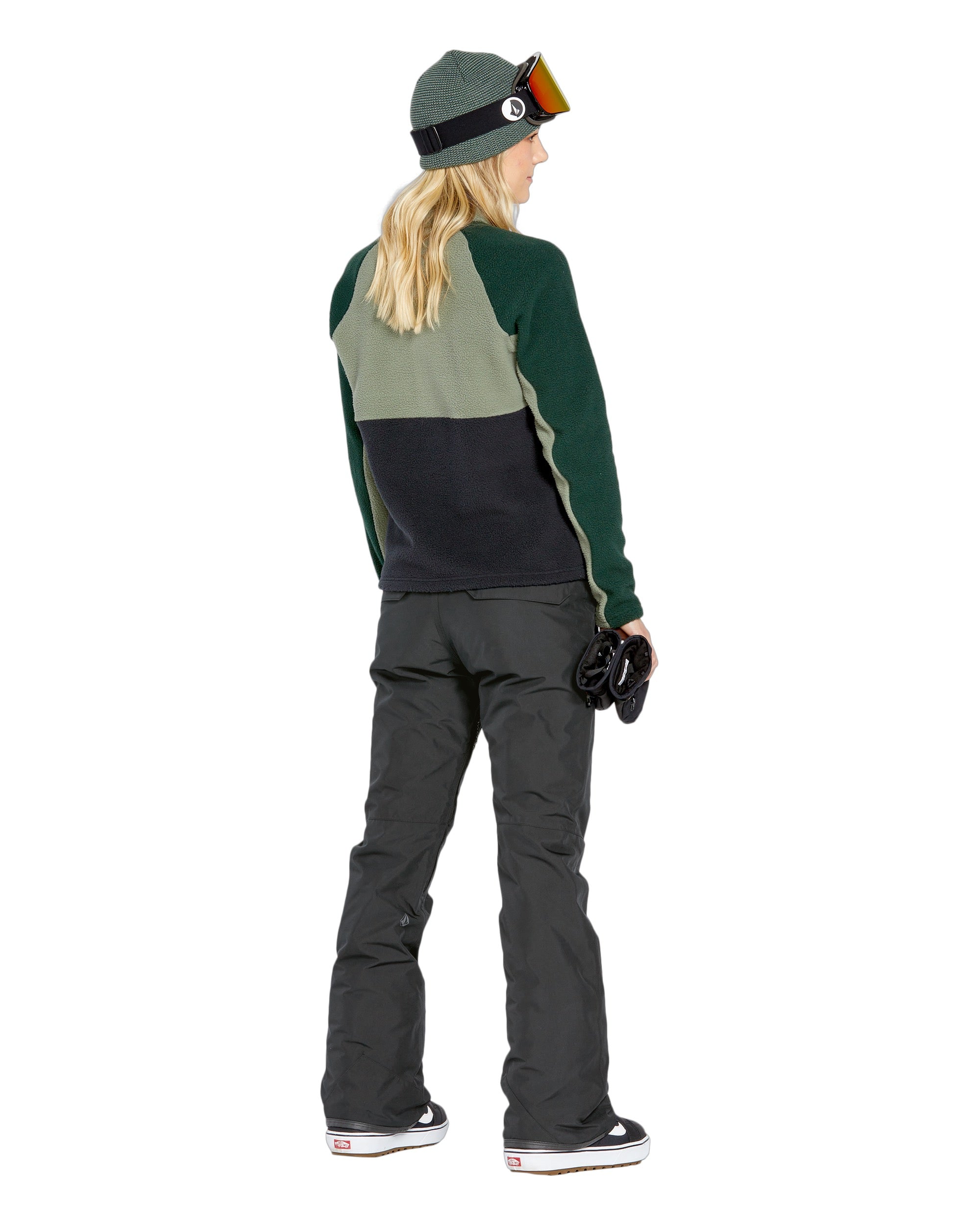 Volcom Women's Knox Insulated GORE-TEX Pant - A pair of black insulated ski pants with a zippered pocket on the side and a white logo patch near the bottom.