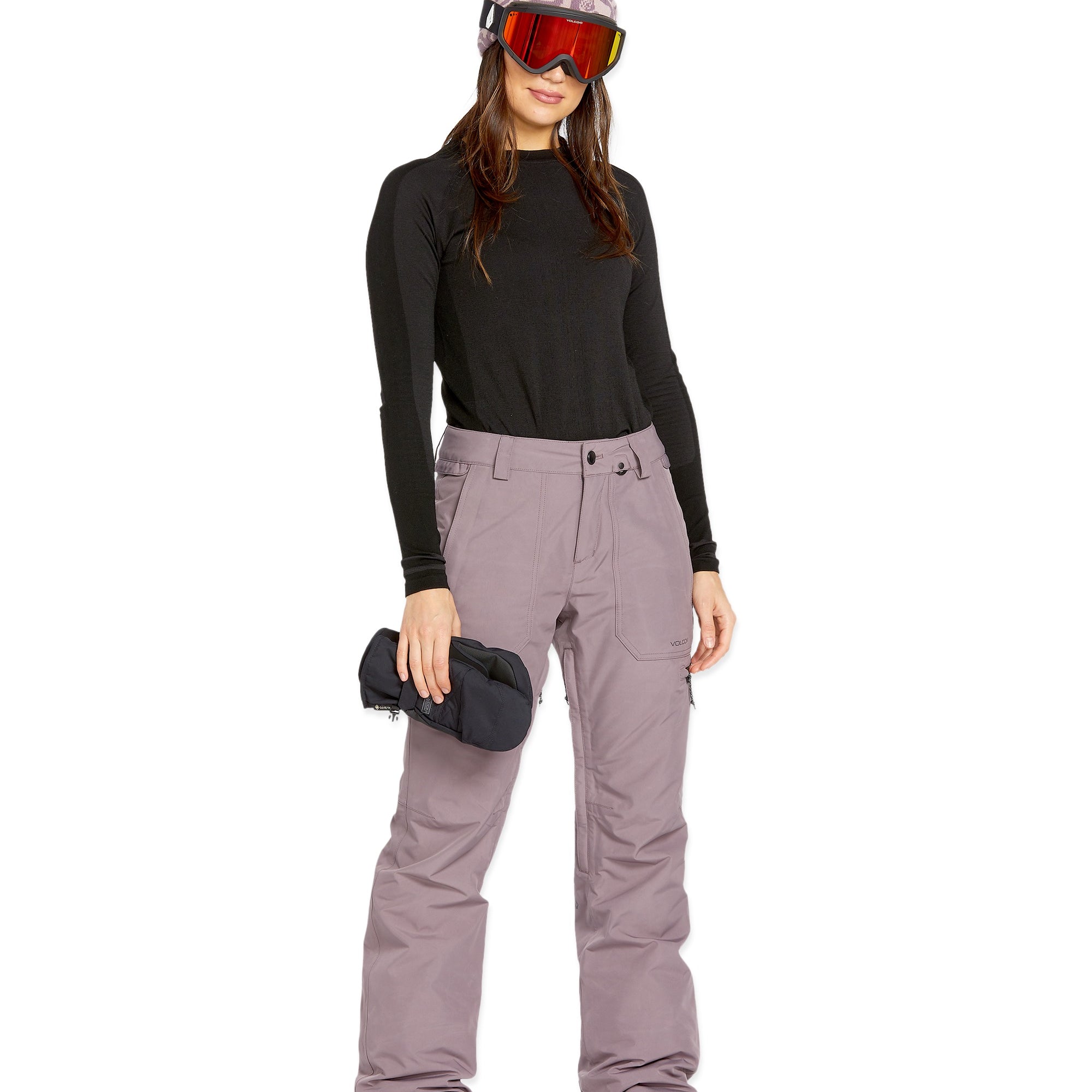 Volcom Women's Knox Insulated GORE-TEX Pant - A pair of insulated ski pants with a black and white geometric pattern on the side pocket.