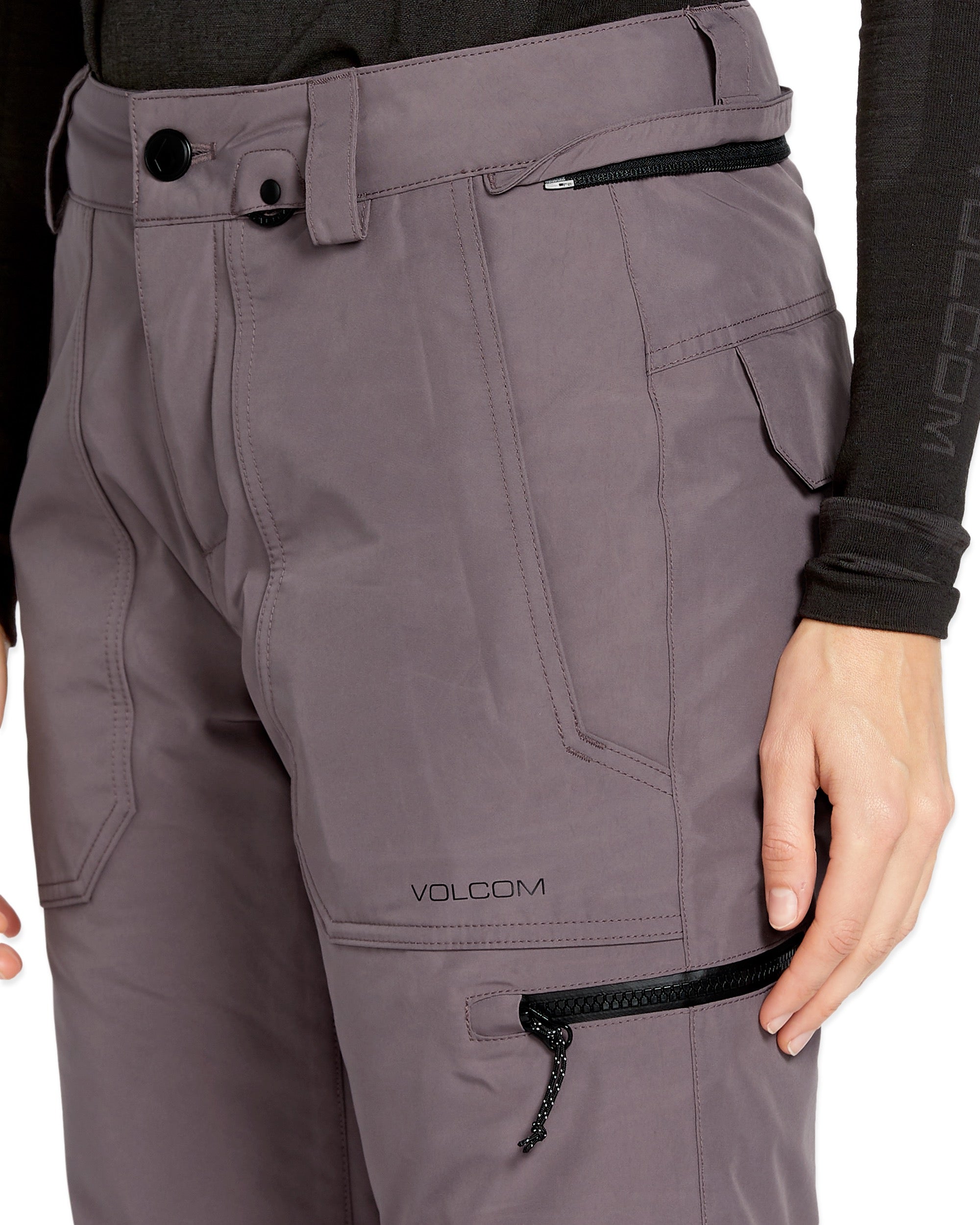 Volcom Women's Knox Insulated GORE-TEX Pant 2025 - A pair of gray snow pants with a black zipper on the right side pocket.