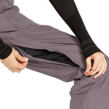Volcom Women's Knox Insulated GORE-TEX Pant - A pair of gray snow pants with a zippered pocket on the thigh and a black zipper pull.