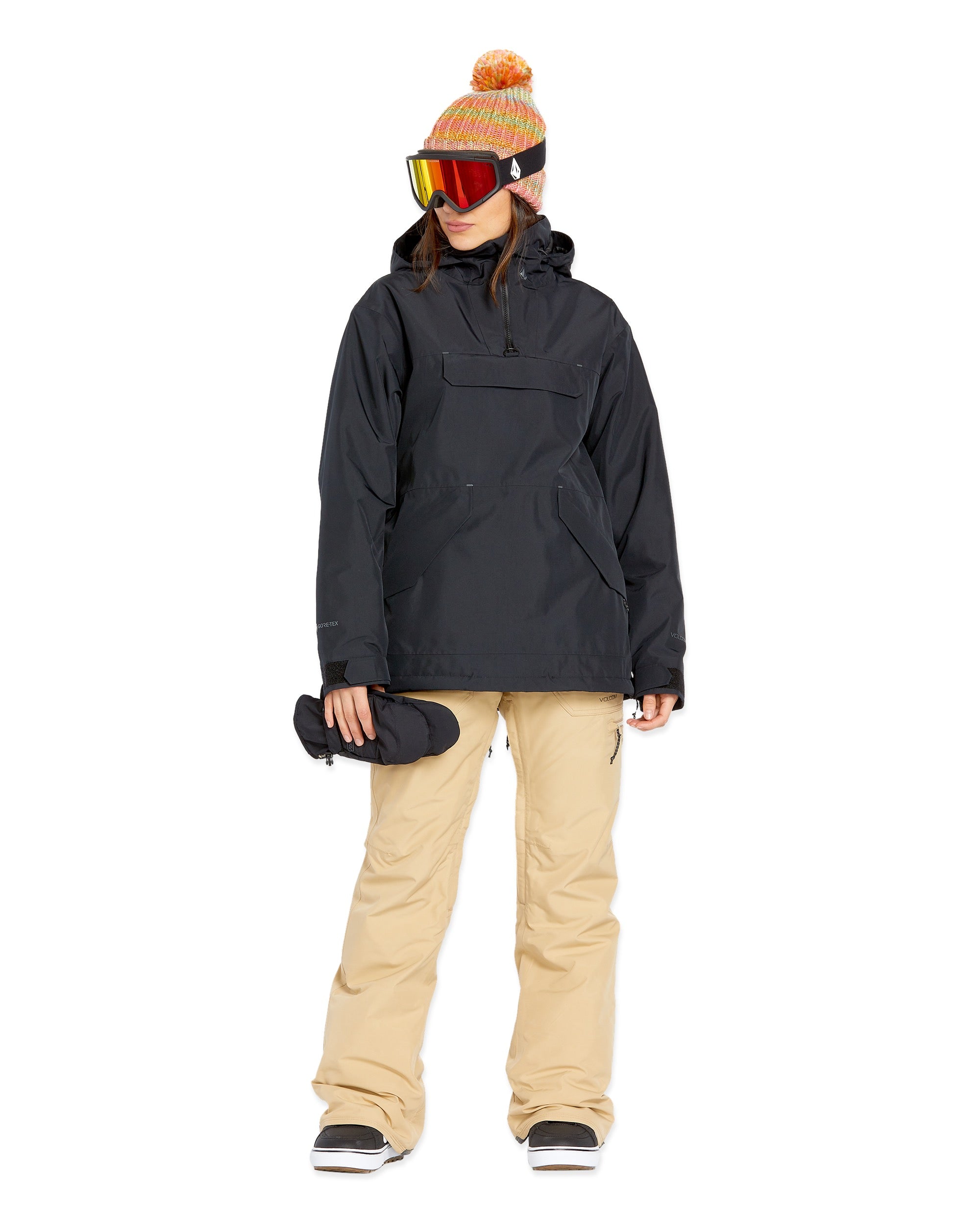Volcom Women's Knox Insulated GORE-TEX Pant - A black insulated ski pant with a zippered pocket on the thigh and a logo patch on the left leg.