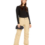 Volcom Women's Knox Insulated GORE-TEX Pant - A pair of khaki snow pants with a zippered pocket on the thigh and a black logo on the left leg.