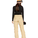 Volcom Women's Knox Insulated GORE-TEX Pant - A pair of khaki snow pants with a black waistband and belt loops, featuring two front pockets and one back pocket.