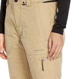 Volcom Women's Knox Insulated GORE-TEX Pant 2025 - A pair of khaki-colored snow pants with a black zipper on the right side, featuring a GORE-TEX logo in white.