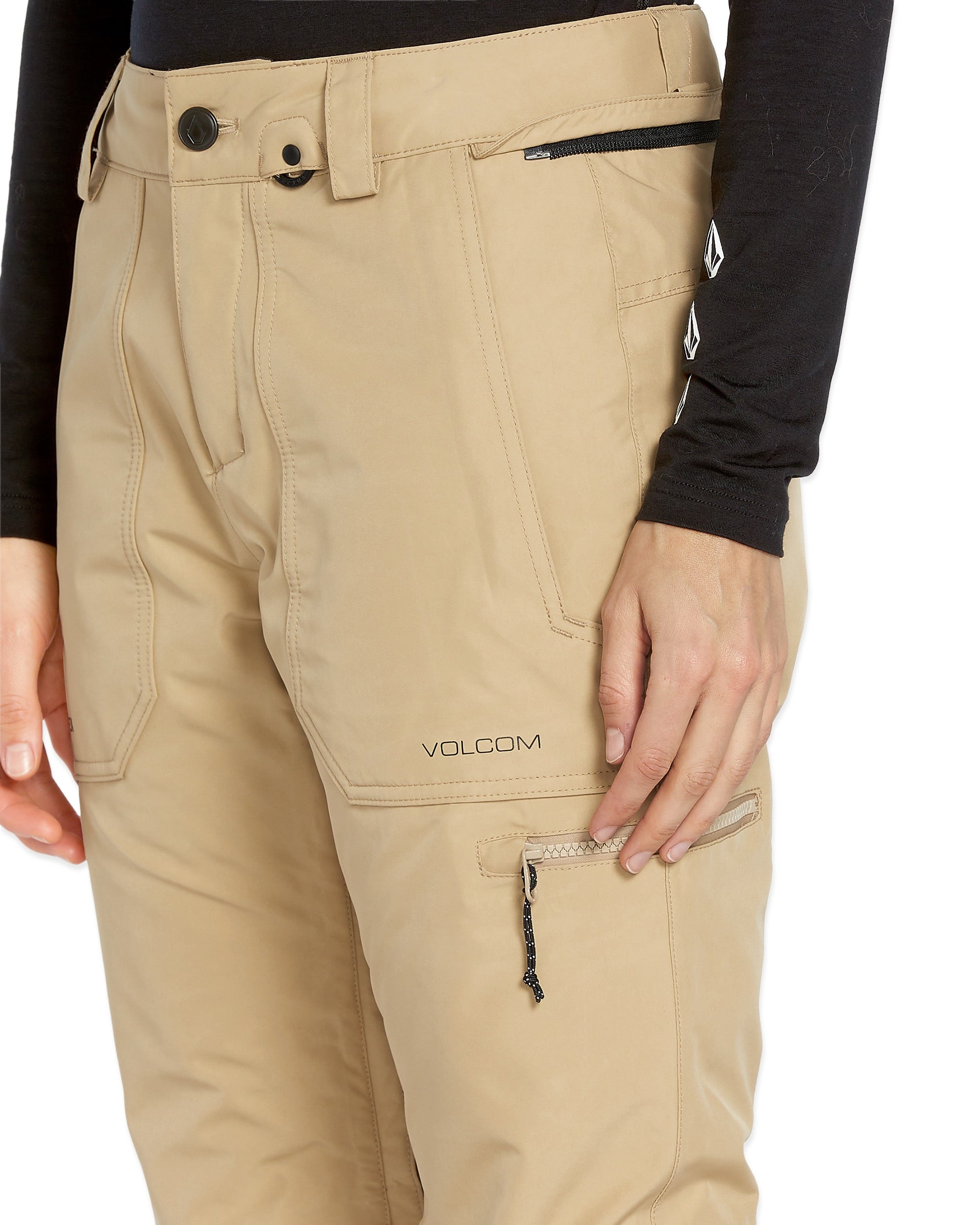 Volcom Women's Knox Insulated GORE-TEX Pant 2025 - A pair of khaki-colored snow pants with a black zipper on the right side, featuring a GORE-TEX logo in white.
