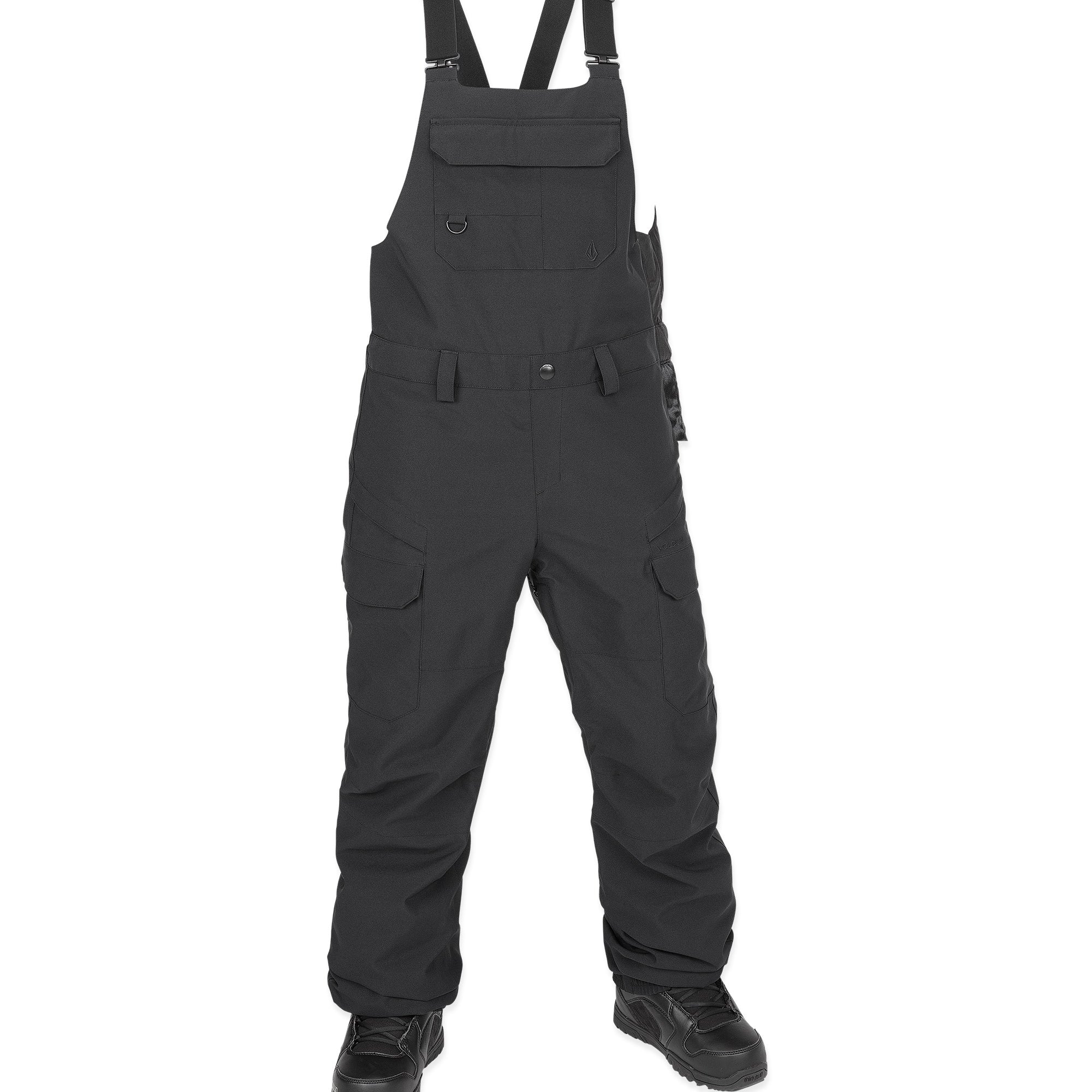 Volcom Women's Creston 3D Stretch Bib Overall - Black bib overalls with a subtle pattern of small, darker gray dots on the upper portion and solid black lower section.