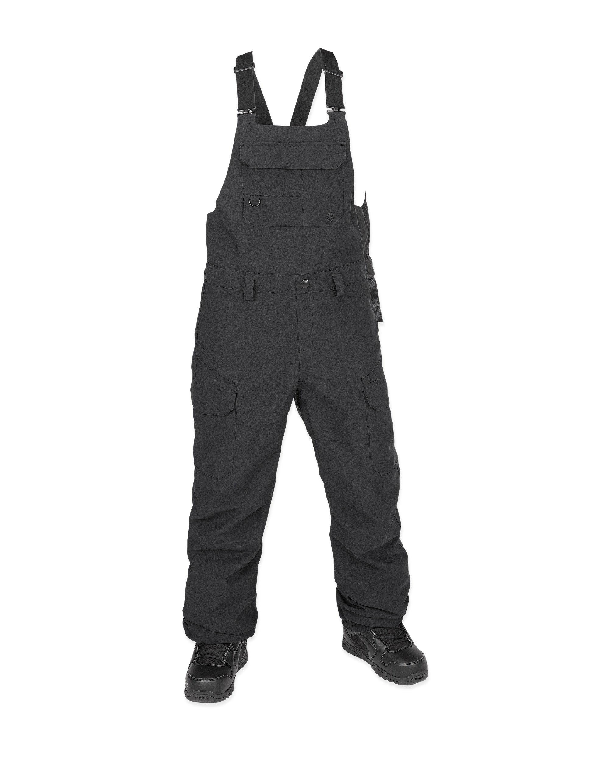 Volcom Women's Creston 3D Stretch Bib Overall - Black bib overalls with a subtle pattern of small, darker gray dots on the upper portion and solid black lower section.