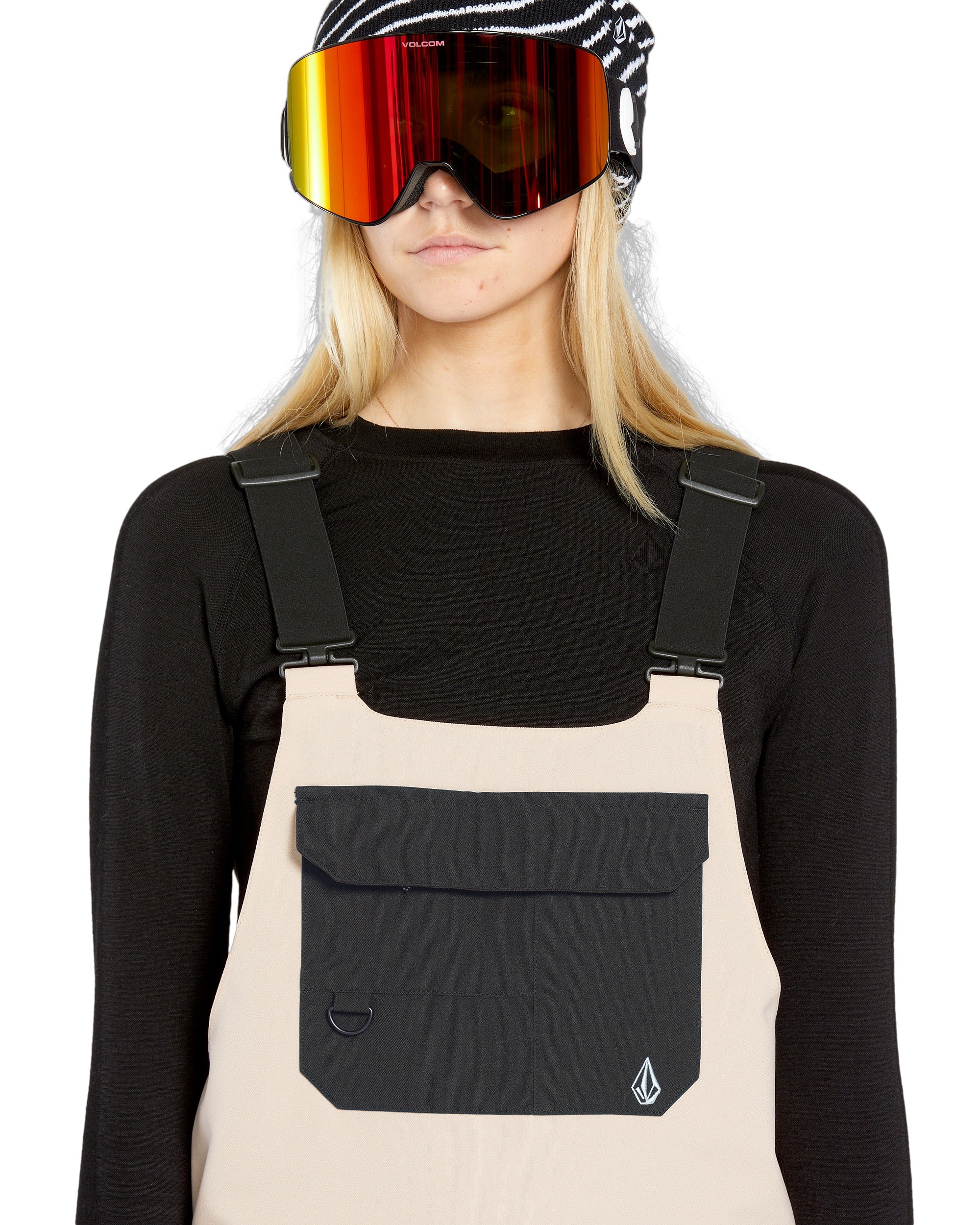 Volcom Women's Creston 3D Stretch Bib Overall - Beige bib overalls with black straps and a front pocket.