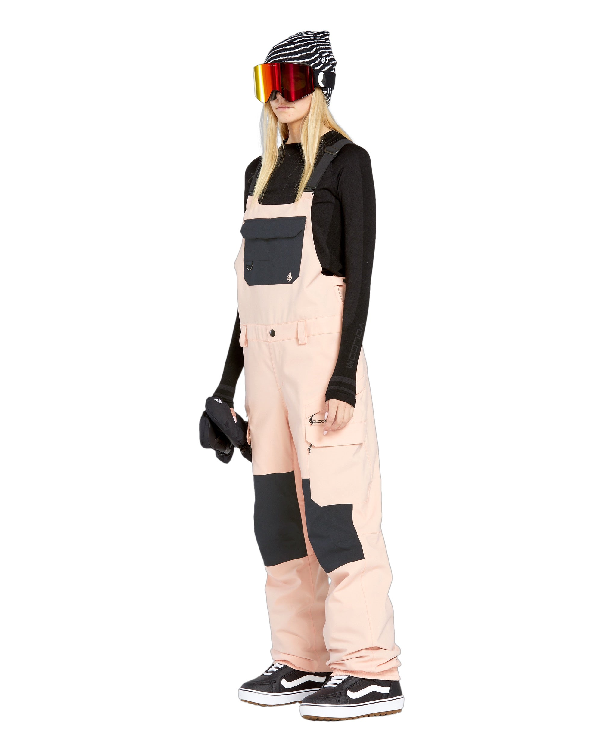 Volcom Women's Creston 3D Stretch Bib Overall - Black bib overalls with a black and white striped pattern on the side pockets.