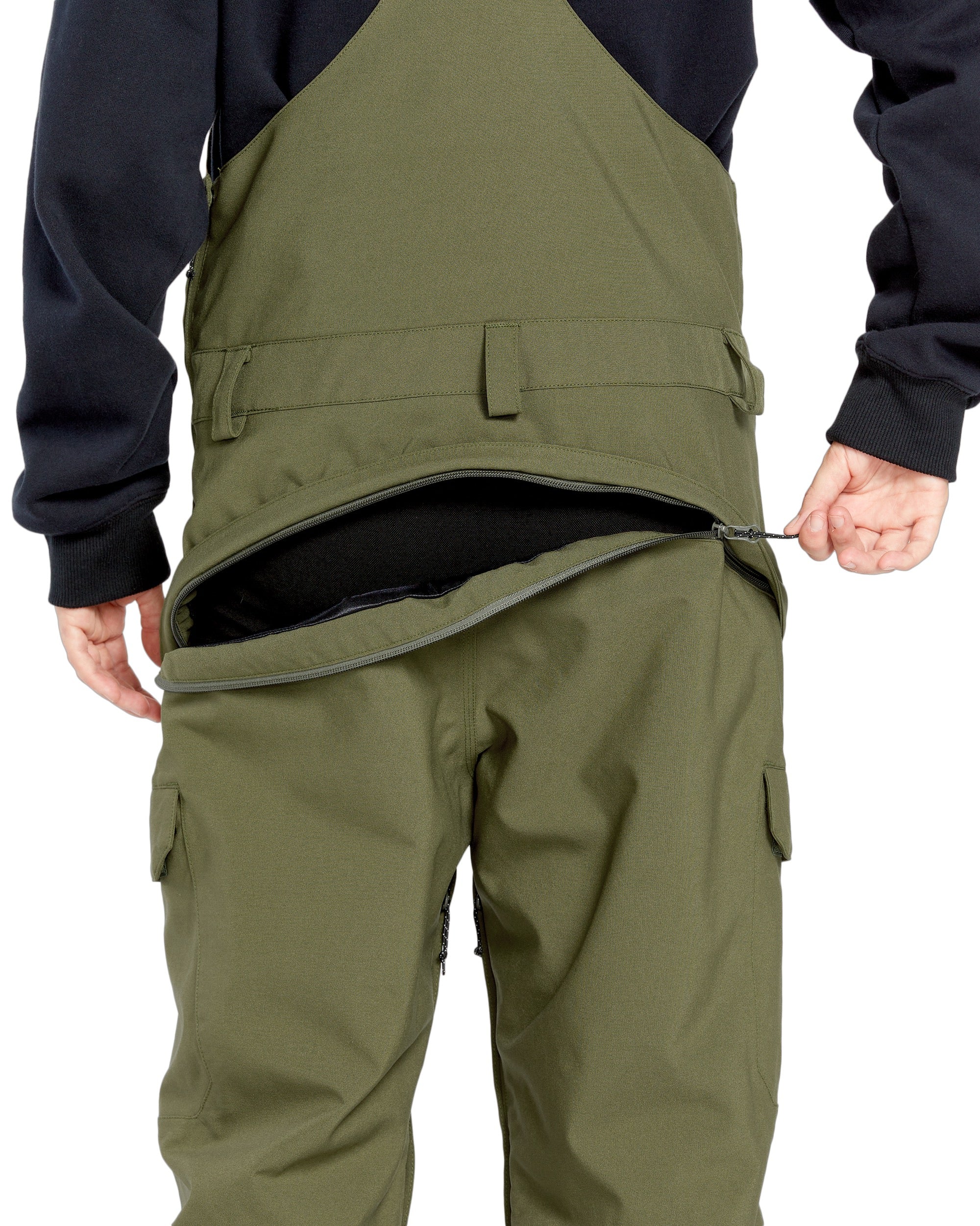 Volcom Women's Creston 3D Stretch Bib Overall - Olive green bib overalls with a black waistband and belt loops.