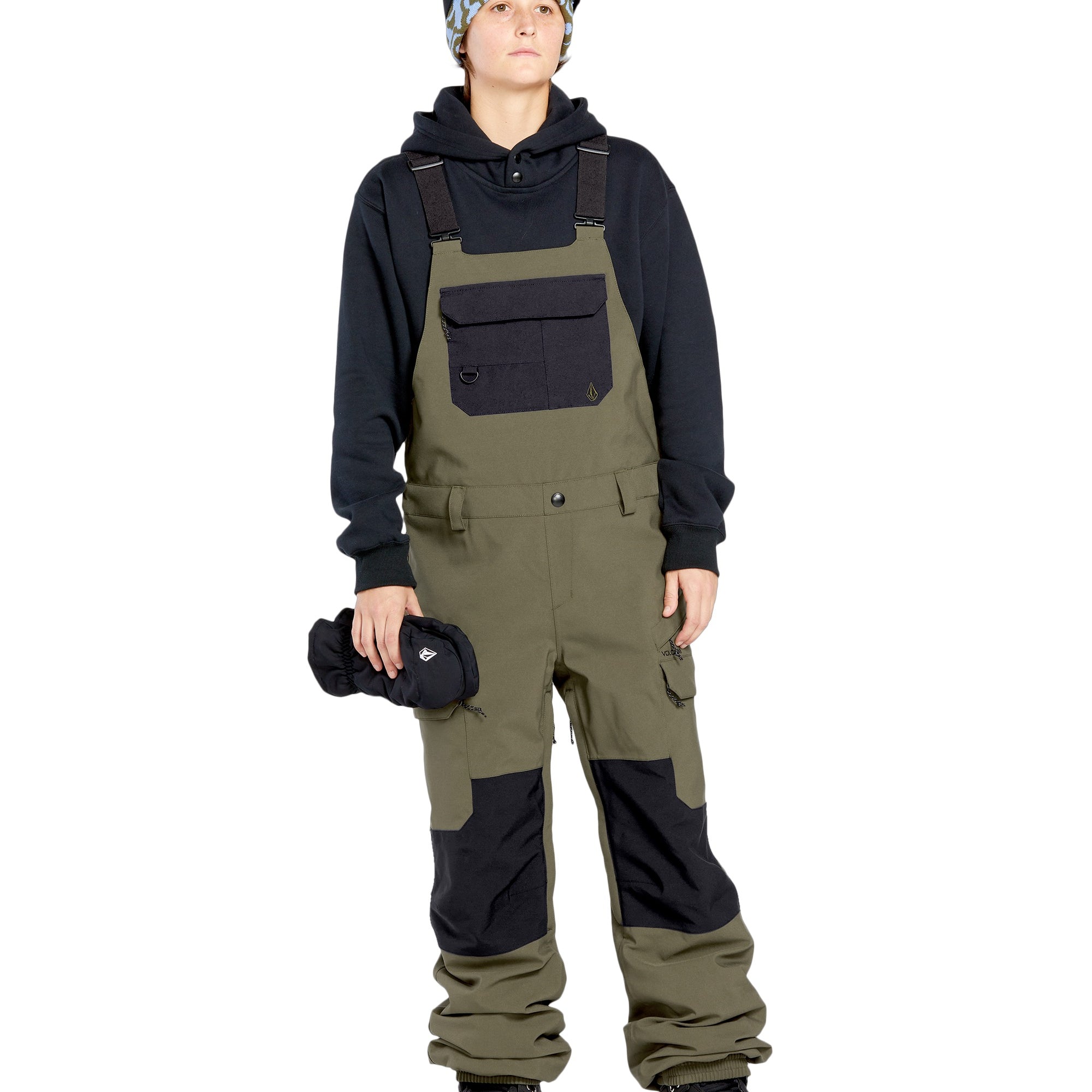Volcom Women's Creston 3D Stretch Bib Overall - Olive green bib overalls with black accents and a zippered fly.