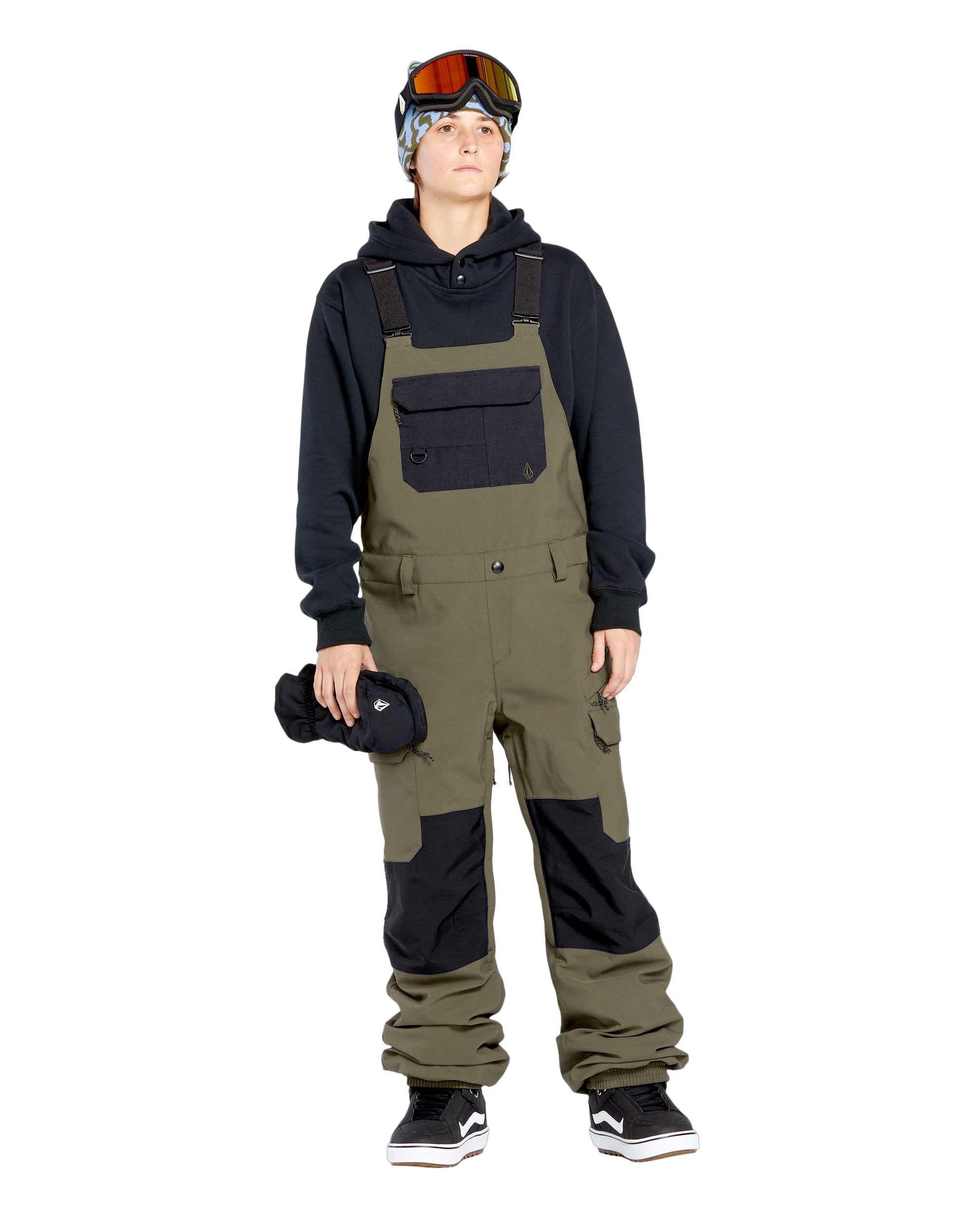 Volcom Women's Creston 3D Stretch Bib Overall - Olive green bib overalls with black accents and a zippered fly.