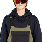 Volcom Women's Creston 3D Stretch Bib Overall - Olive green bib overalls with a black front pocket and adjustable straps.
