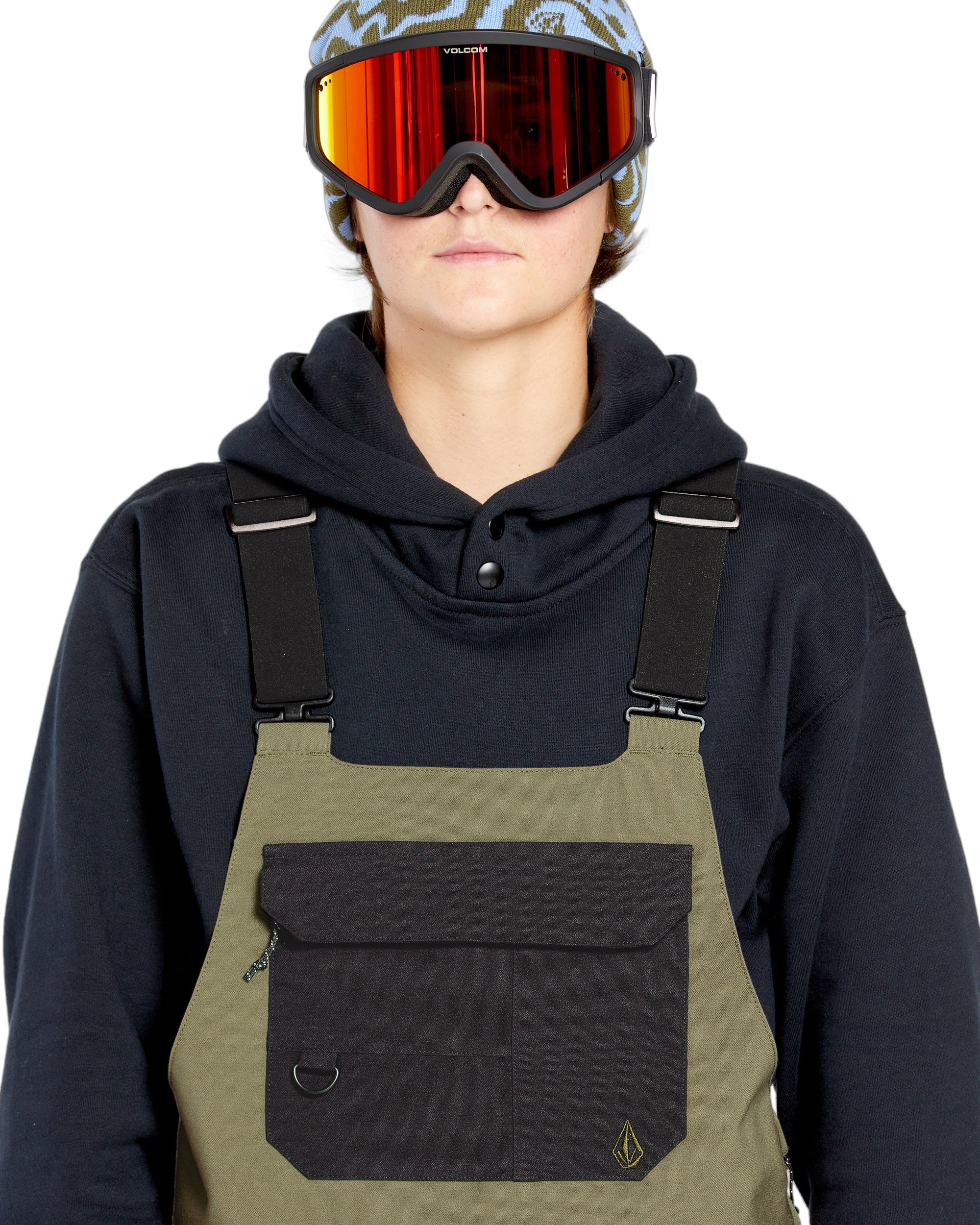 Volcom Women's Creston 3D Stretch Bib Overall - Olive green bib overalls with a black front pocket and adjustable straps.