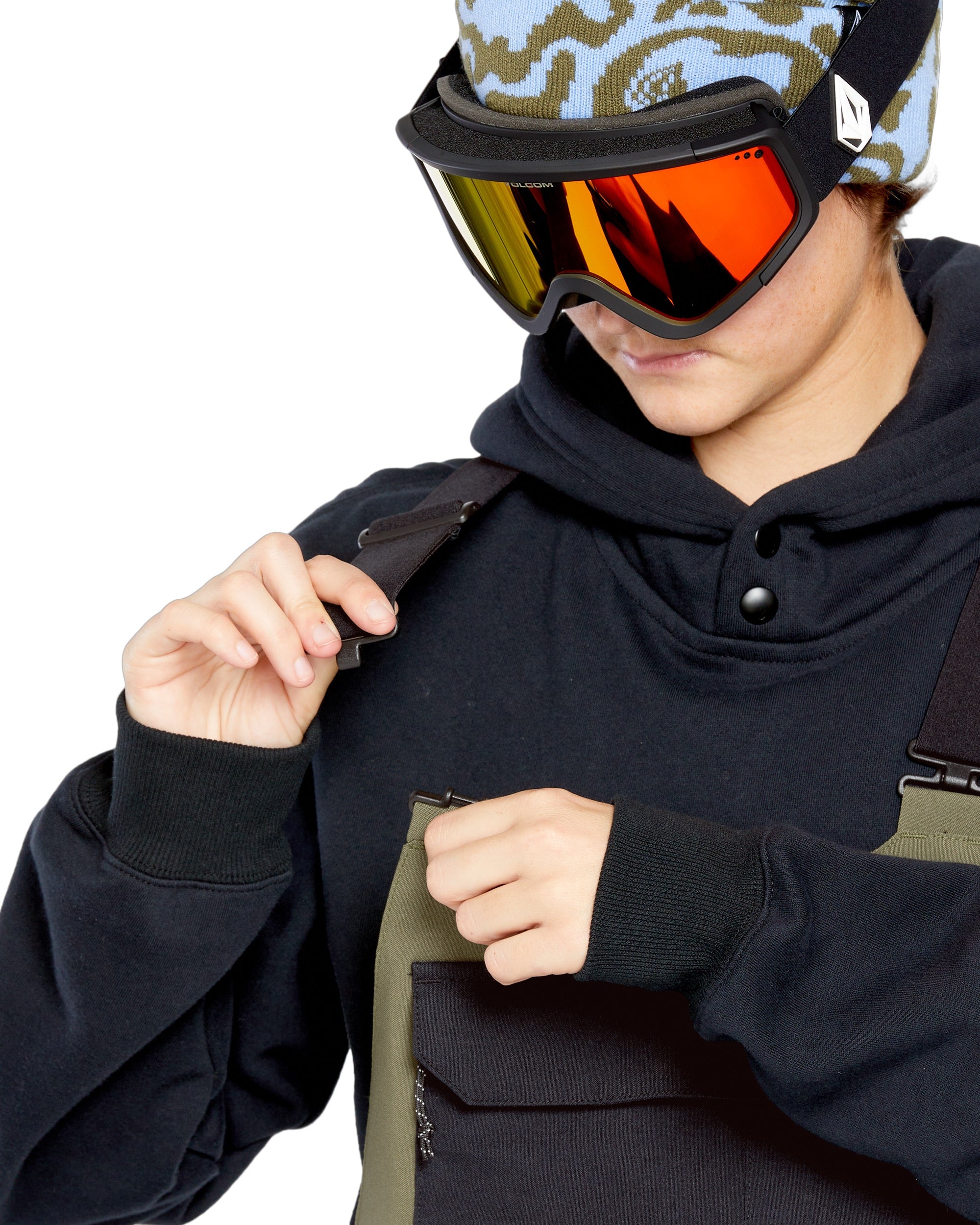 Volcom Women's Creston 3D Stretch Bib Overall - Black bib overalls with olive green accents and a zippered fly.