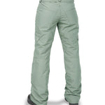 Volcom Women's Bridger Ins Pant 2025 - A pair of light green snow pants with a zippered pocket on the thigh and adjustable Velcro straps at the waist.