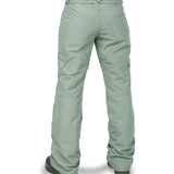 Volcom Women's Bridger Ins Pant 2025 - A pair of light green snow pants with a zippered pocket on the thigh and adjustable Velcro straps at the waist.