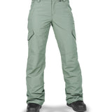 Volcom Women's Bridger Ins Pant 2025 - A pair of women's snowboard pants in a light sage green color with two zippered pockets on each side.
