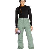 Volcom Women's Bridger Ins Pant 2025 - A pair of sage green snow pants with a zippered pocket on the thigh and adjustable Velcro straps at the waist.