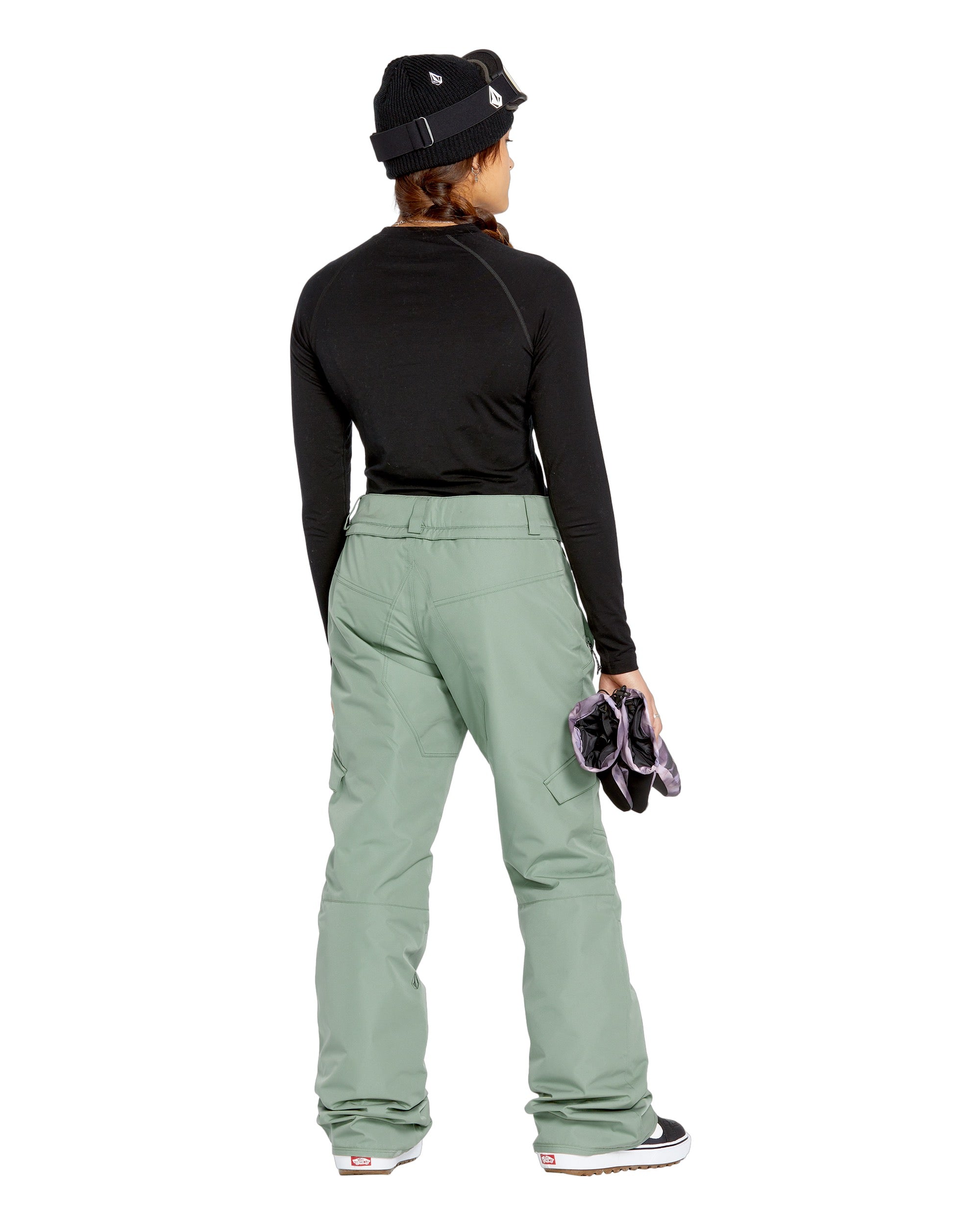 Volcom Women's Bridger Ins Pant 2025 - Sage green snow pants with zippered pockets and adjustable cuffs.
