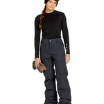 Volcom Women's Frochickie Insulated Pant - Black snow pants with a subtle white logo on the left thigh and silver hardware.