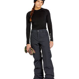 Volcom Women's Frochickie Insulated Pant - Black snow pants with a subtle white logo on the left thigh and silver hardware.