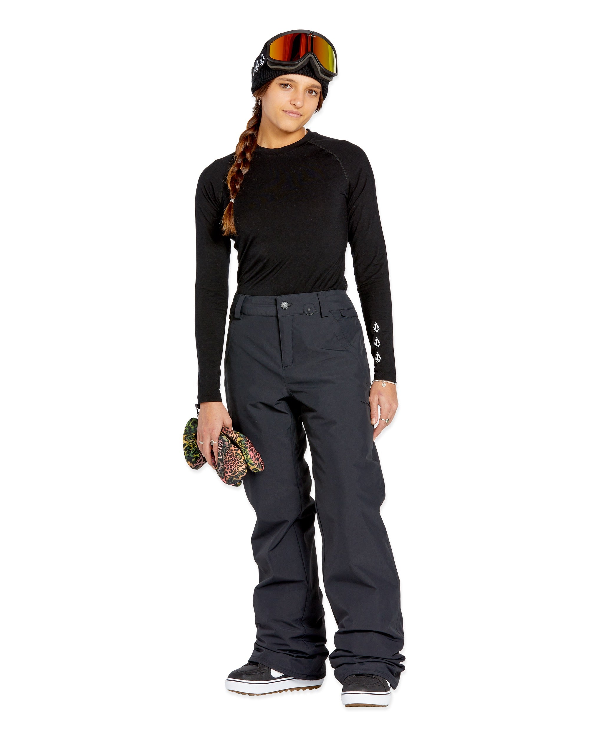Volcom Women's Frochickie Insulated Pant - Black snow pants with a subtle white logo on the left thigh and silver hardware.