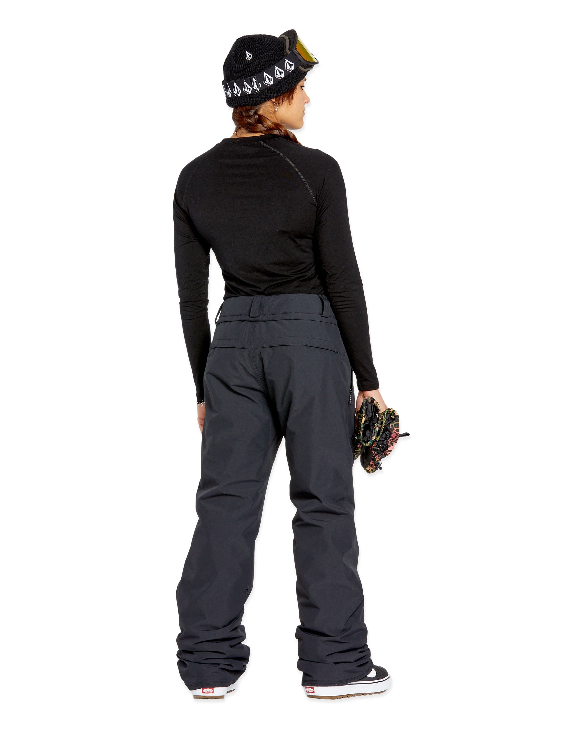 Volcom Women's Frochickie Insulated Pant - Black snow pants with a white logo on the left thigh and a zippered pocket on the right hip.