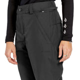 Volcom Women's Frochickie Insulated Pant - Black snow pants with a diagonal zippered pocket on the right thigh and a small black logo on the left leg.